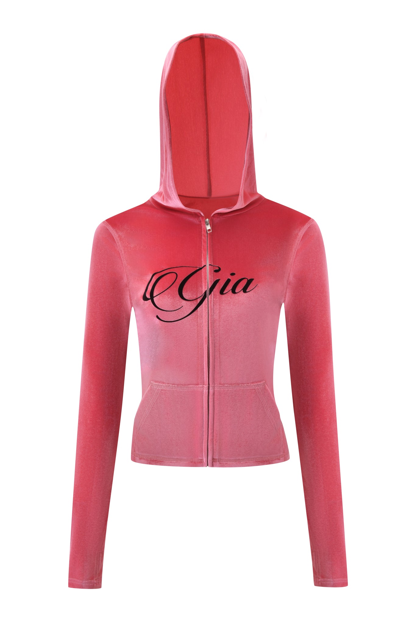 The BLARE VELOUR POCKET HOODIE - PINK by I.AM.GIA is a stylish zip-up with a hood, front pockets, and "Gia" in black cursive on the chest—perfect for adding a trendy touch to your casual outfits.