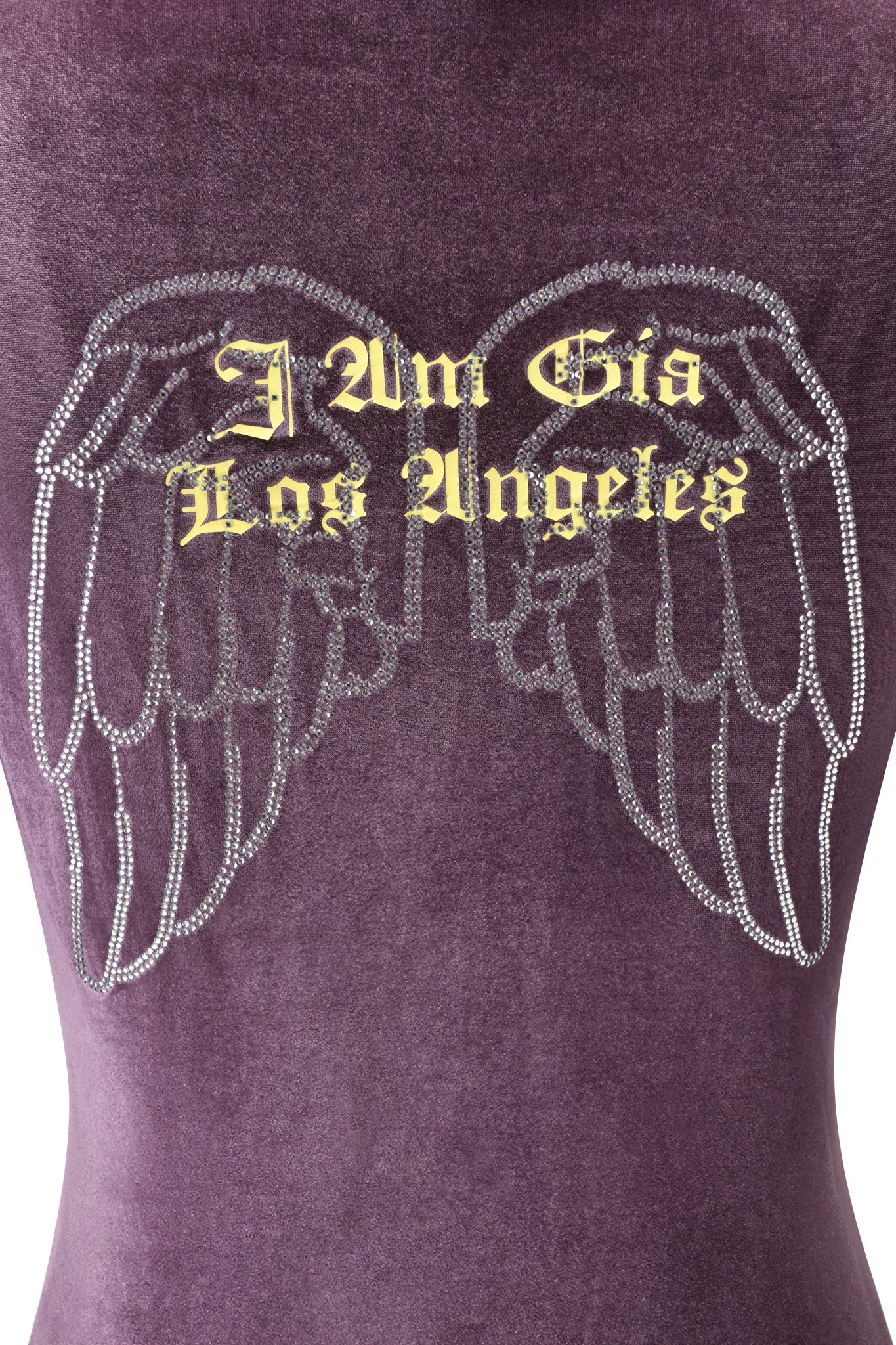 The BLARE VELOUR POCKET HOODIE in purple by I.AM.GIA features diamanté angel wings and a gold Gothic "I Am Gia Los Angeles" script logo.
