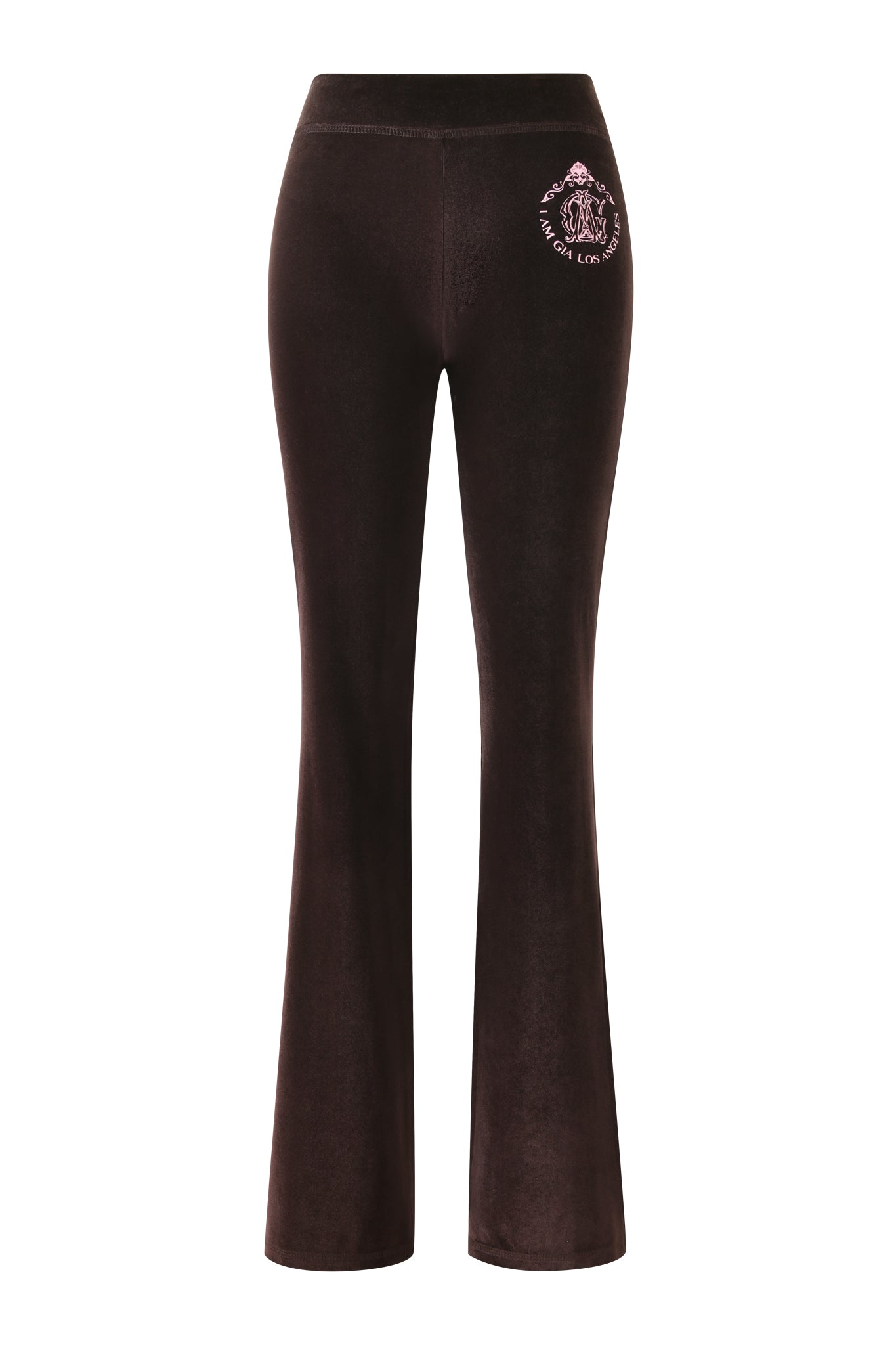 Rear view of the I.AM.GIA BLARE VELOUR POCKET TRACKPANT in chocolate, featuring a high waist, flared legs, and pink embroidered logo on the upper left.