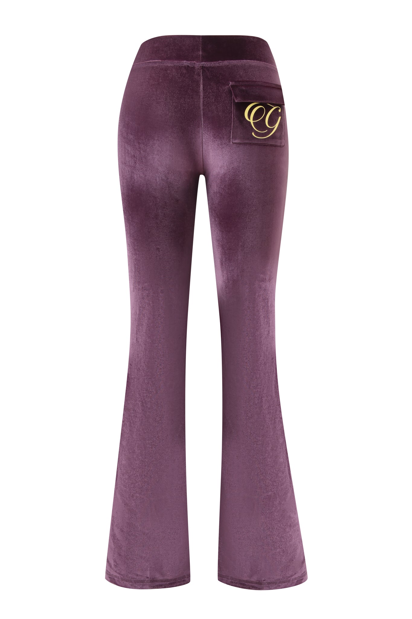 Back view of the I.AM.GIA BLARE VELOUR POCKET TRACKPANT in purple, high-waisted with flared legs and a single right back pocket, featuring an embroidered gold GIA script logo.