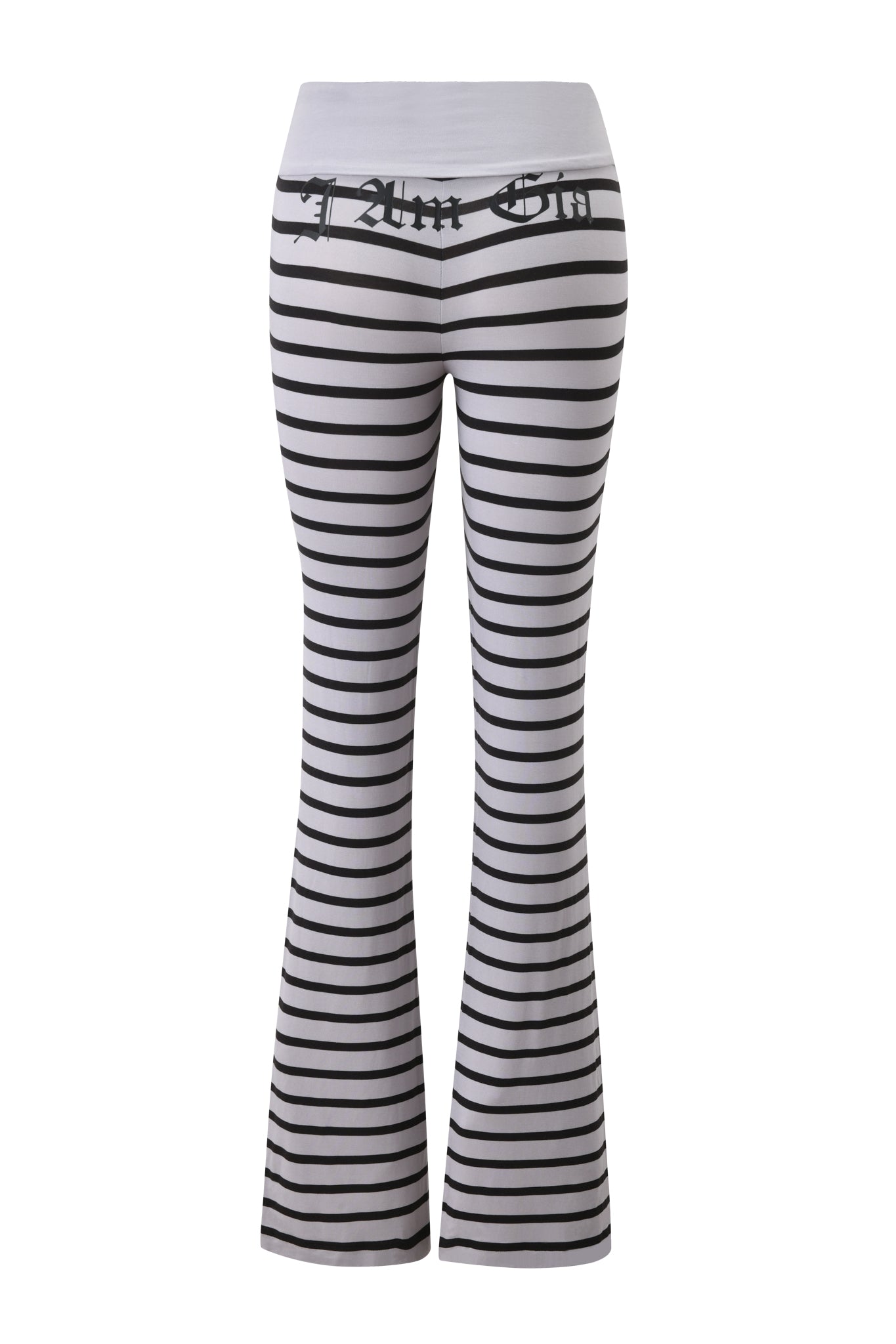 The BLARE FOLDOVER TRACKPANT by I.AM.GIA features bold grey and black stripes, a high foldover waistband, and edgy flared legs—perfect for making a statement.