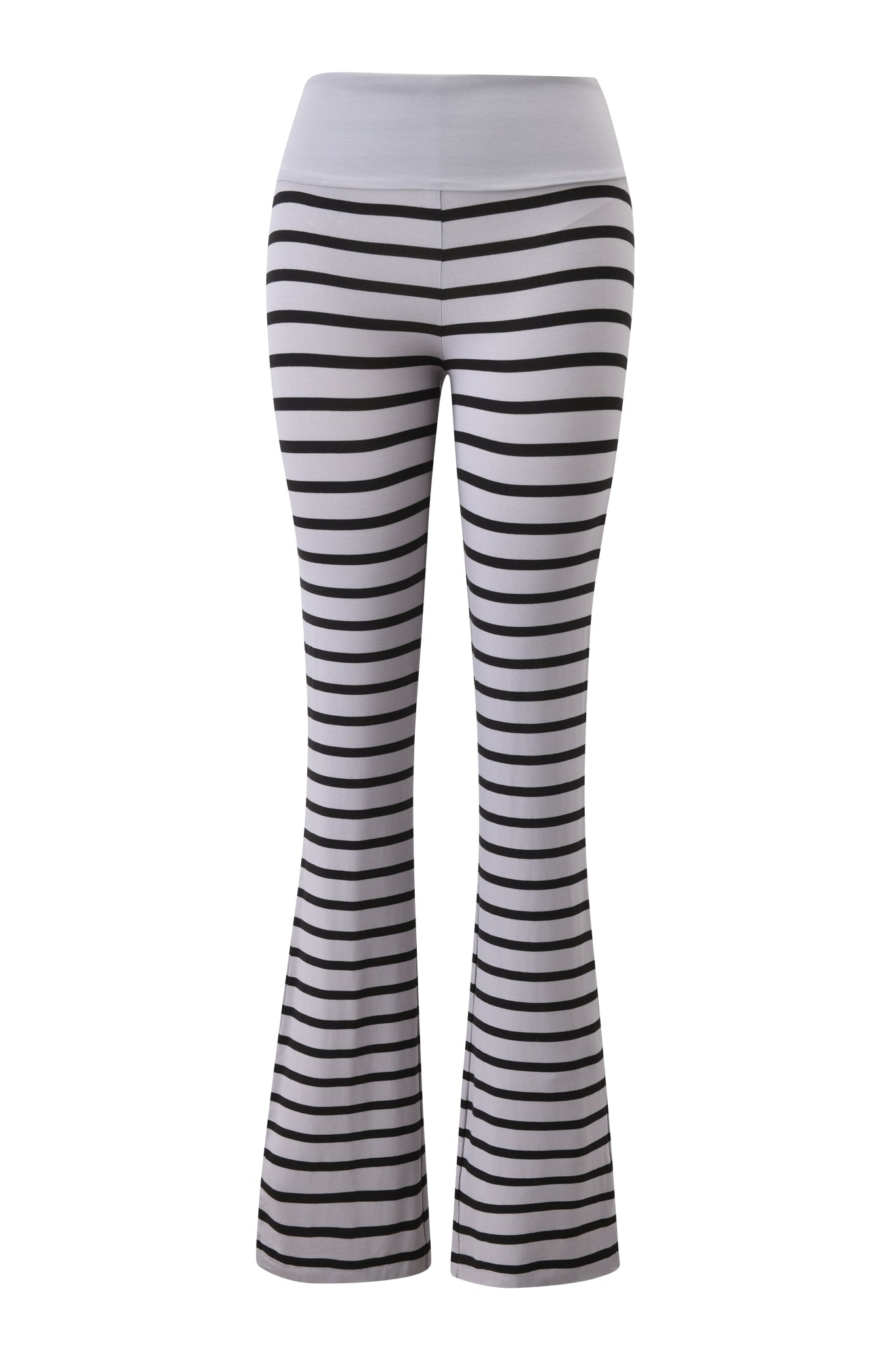 The BLARE FOLDOVER TRACKPANT by I.AM.GIA is a high-waisted, flared pant in grey with black and white horizontal stripes, featuring a solid grey waistband for a grunge-inspired look.