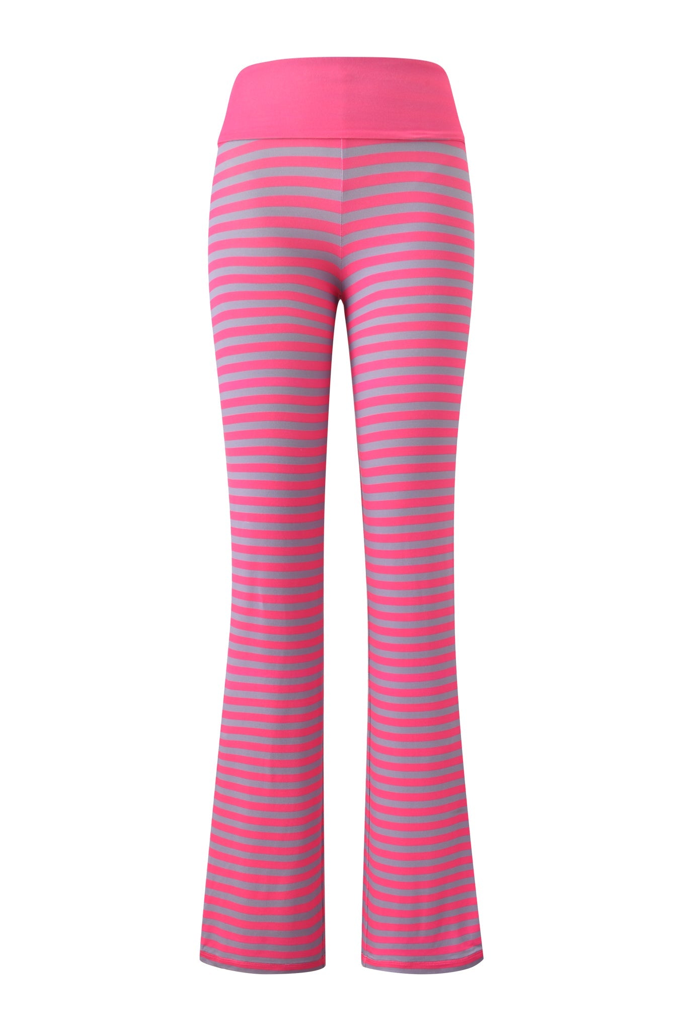 The BLARE FOLDOVER TRACKPANT - HOT PINK STRIPE by I.AM.GIA features a high, wide foldover waistband, bold pink and gray horizontal stripes, and a flared bell-bottom silhouette for a striking retro look.