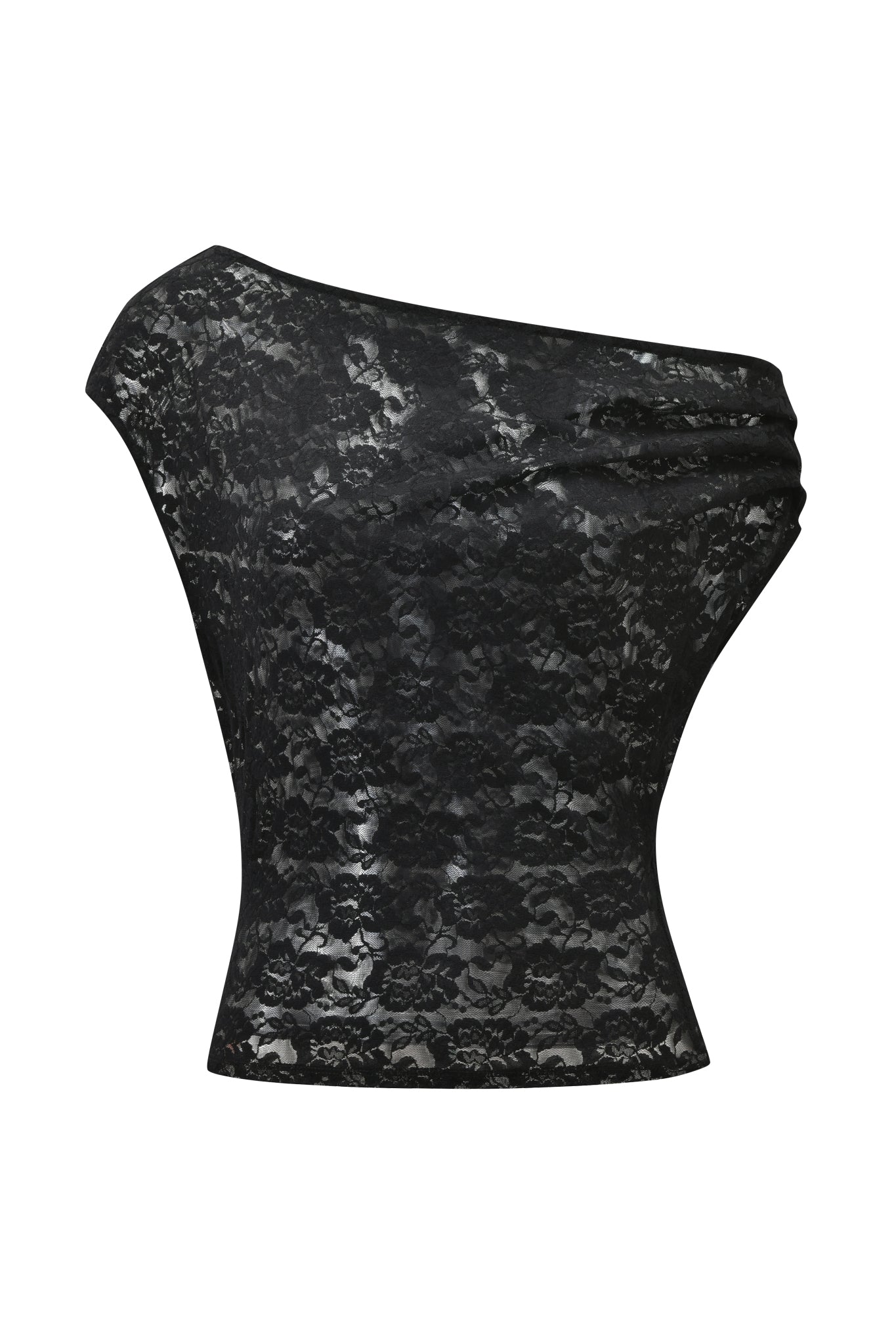 The I.AM.GIA GISELLE LACE TOP - BLACK is a semi-sheer, one-shoulder, sleeveless top with a floral lace pattern, shown on a white background for striking contrast.