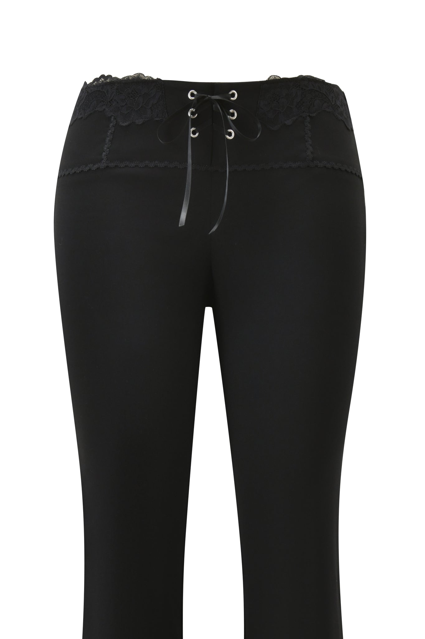 The I.AM.GIA SERAYA PANT in black features a mid-rise stretch fit, lace waistband, and front lace-up detail with metal eyelets and ribbon tie, shown against a white background.