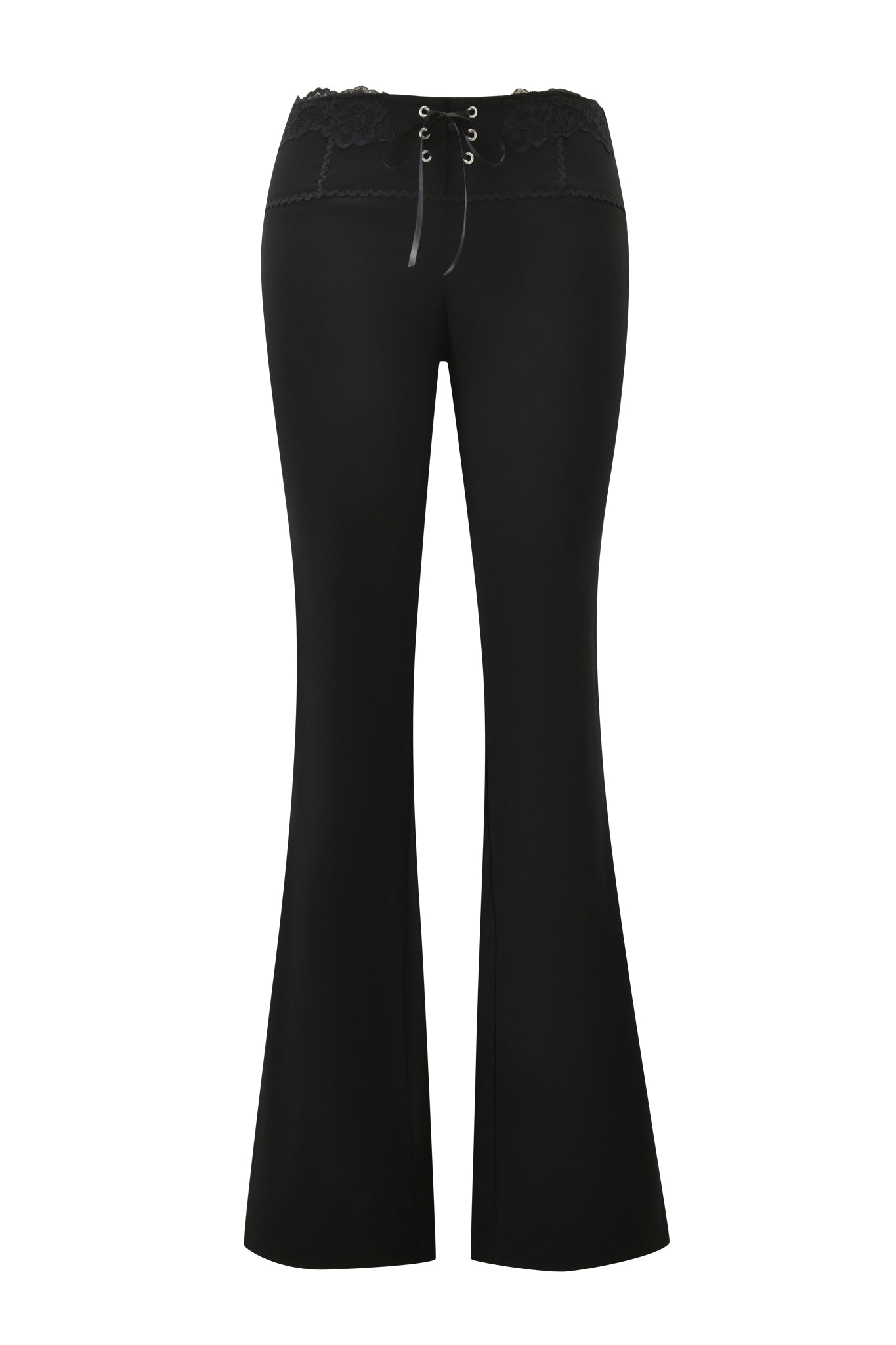 The SERAYA PANT - BLACK by I.AM.GIA features a high-waisted, flared silhouette in stretch woven fabric with a lace waistband and front lace-up detail, shown from the back against a white background.