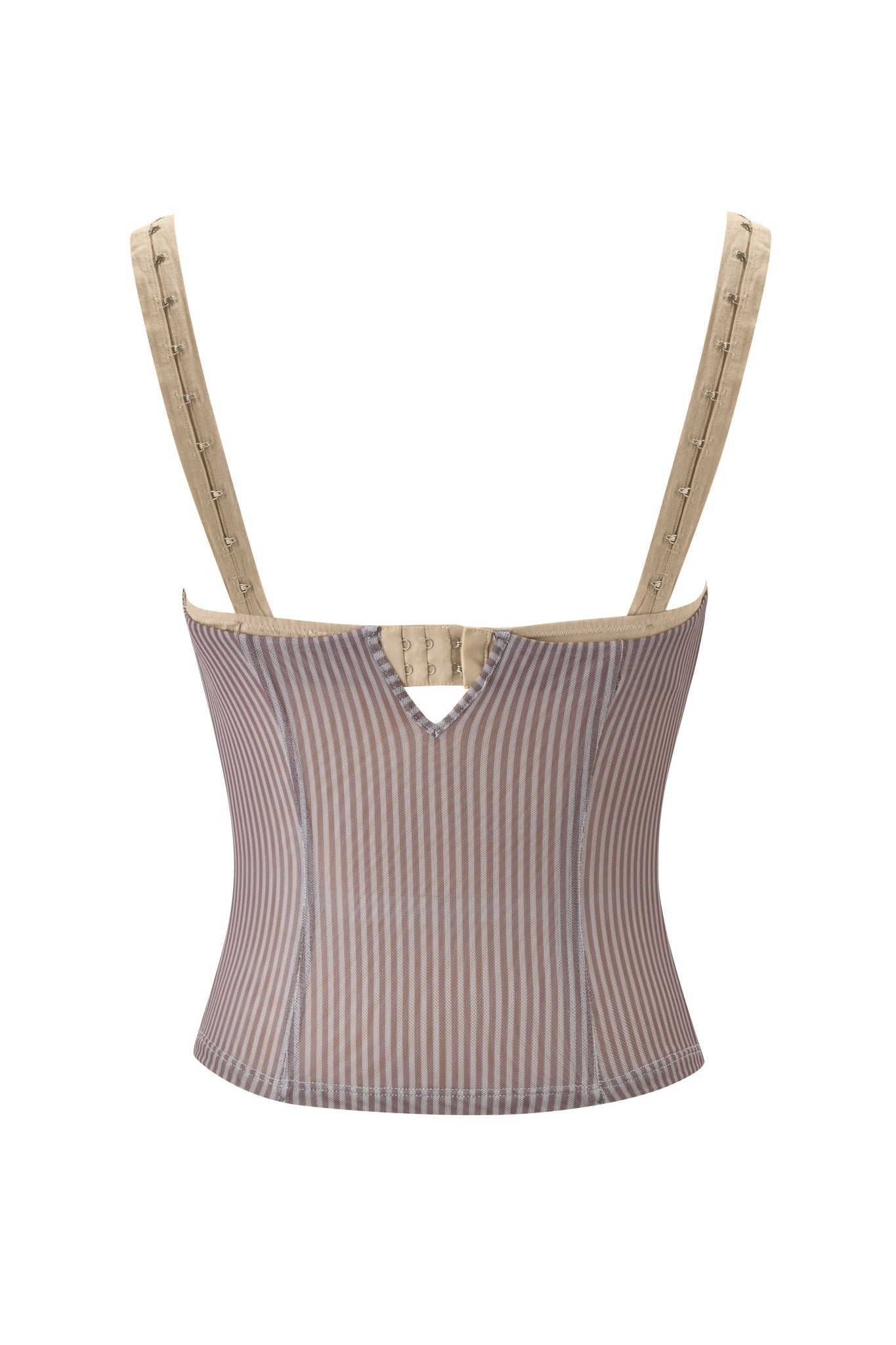The I.AM.GIA SEPHI TOP - MUSHROOM STRIPE is a sleeveless, corset-style top with beige adjustable straps and hook-and-eye closures, featuring a stripe print. Shown from the back against a white background.
