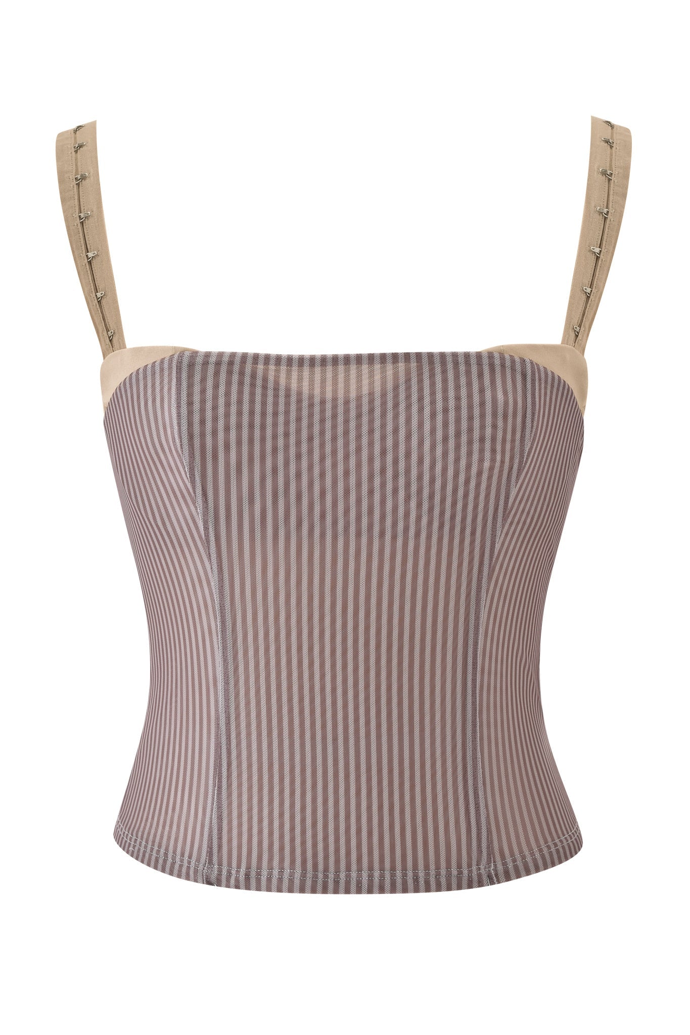 The SEPHI TOP - MUSHROOM STRIPE by I.AM.GIA is a sleeveless, fitted corset top with vertical gray and white stripes, beige fabric on the straps and neckline, and visible hook-and-eye closures.