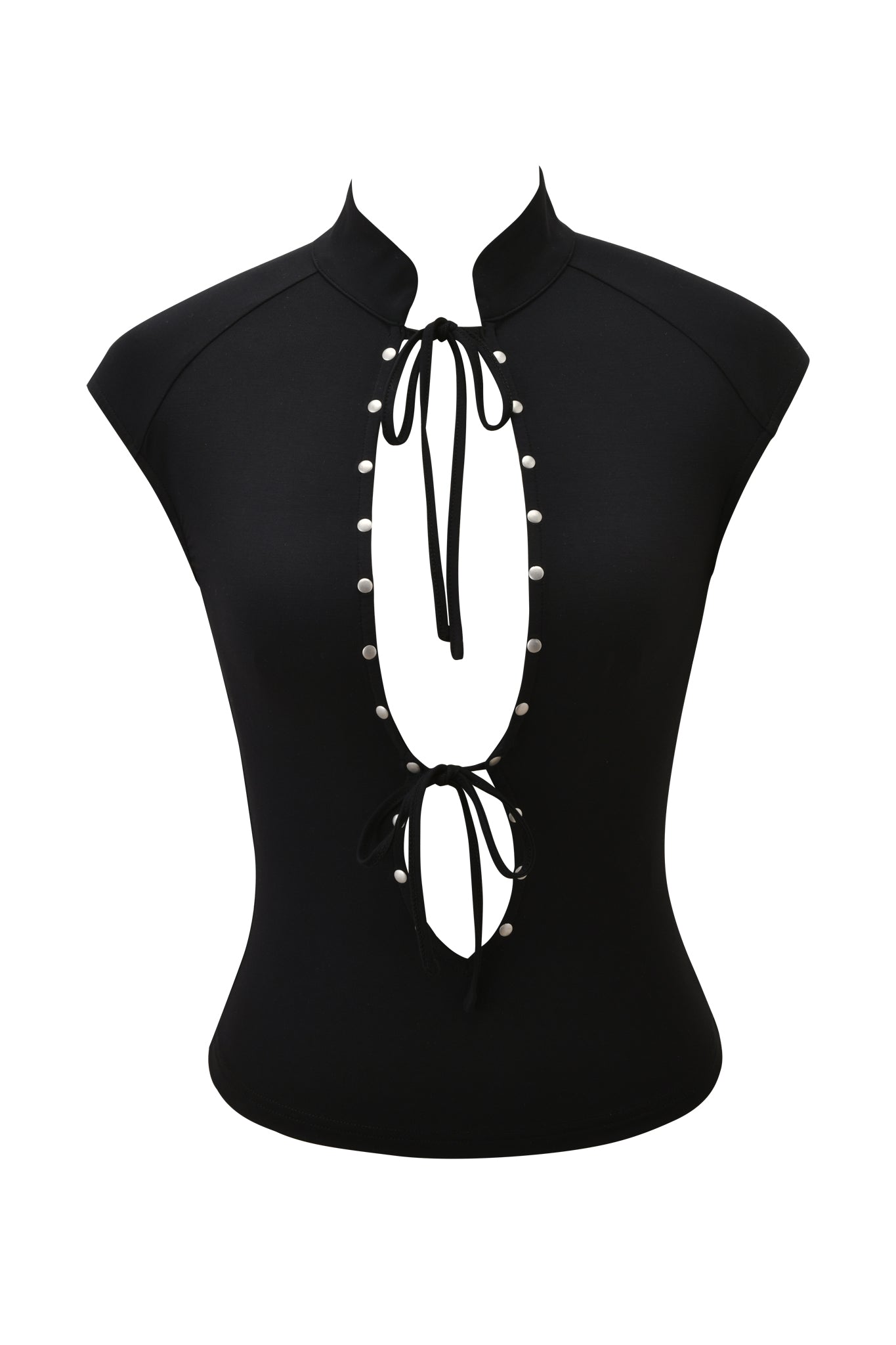 The GEORGIA TOP - BLACK by I.AM.GIA is a bodycon, sleeveless jersey top featuring a high collar, front oval cutout, pearl-like buttons, and ribbon ties at the neck and waist.