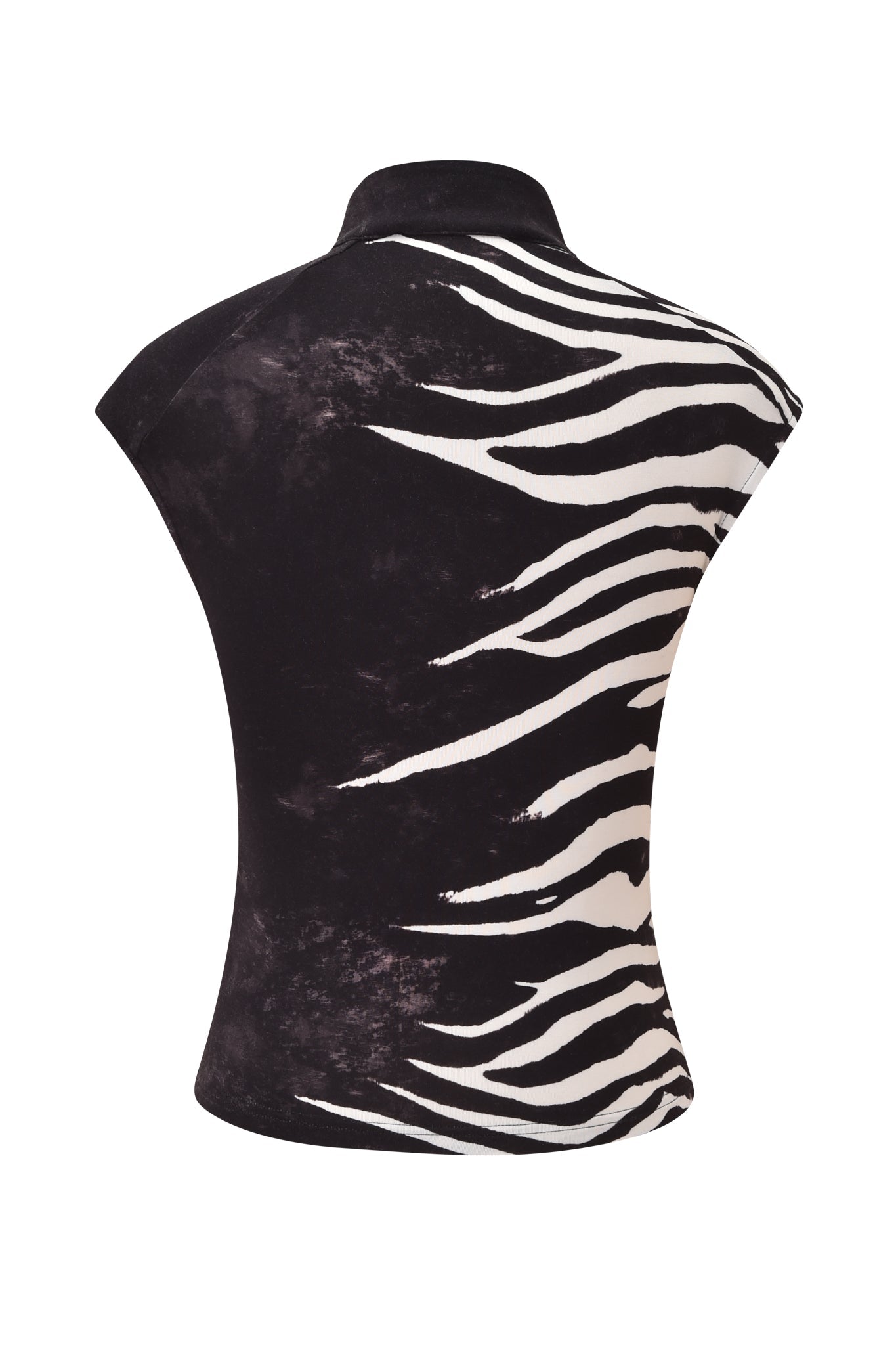 Back view of the I.AM.GIA GEORGIA TOP - BLACK WILD SIDE, a cap sleeve tie-up top with a black base and striking white zebra stripe detail on one side.