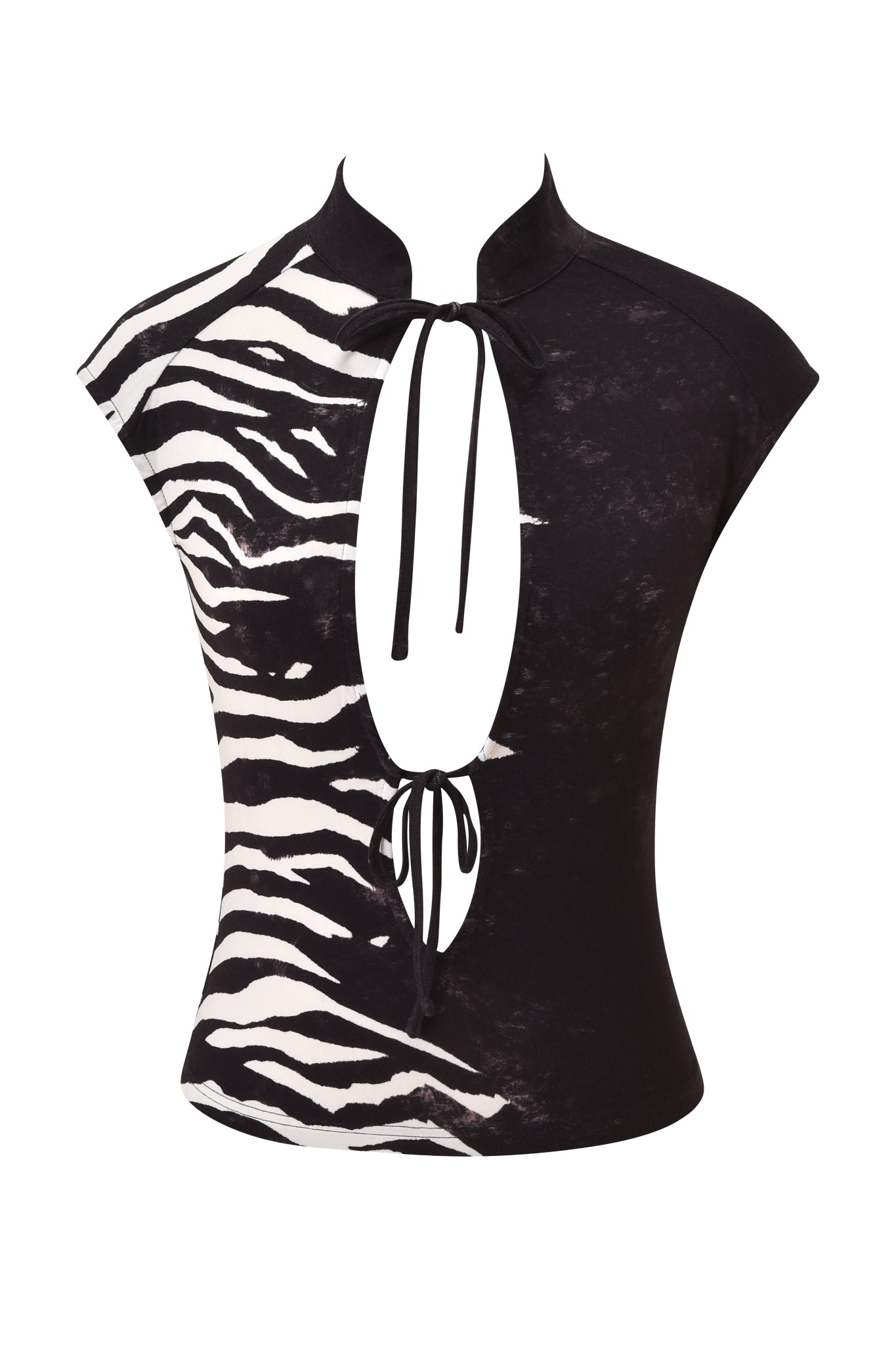 The GEORGIA TOP - BLACK WILD SIDE by I.AM.GIA is a sleeveless zebra print top featuring two front keyhole cutouts and tie closures at the bust and waist. This striking shirt showcases a high collar with a subtle stand-up design and is displayed on a plain white background.