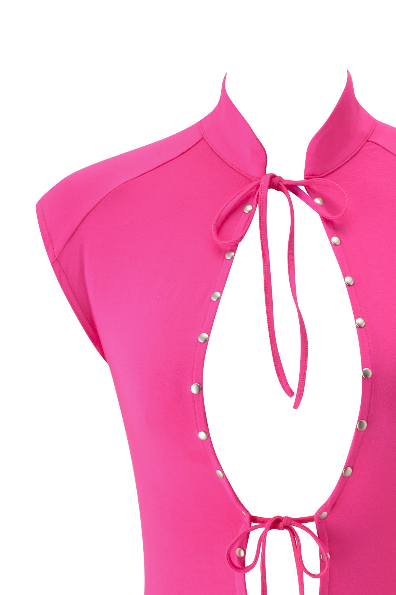 Close-up of the GEORGIA TOP - NEON PINK by I.AM.GIA, featuring a Mandarin collar and front cutout secured with two ties. This sleeveless, hot pink top is adorned with silver stud accents along the cutout edges and crafted from bodycon jersey knit for a sleek, flattering fit.