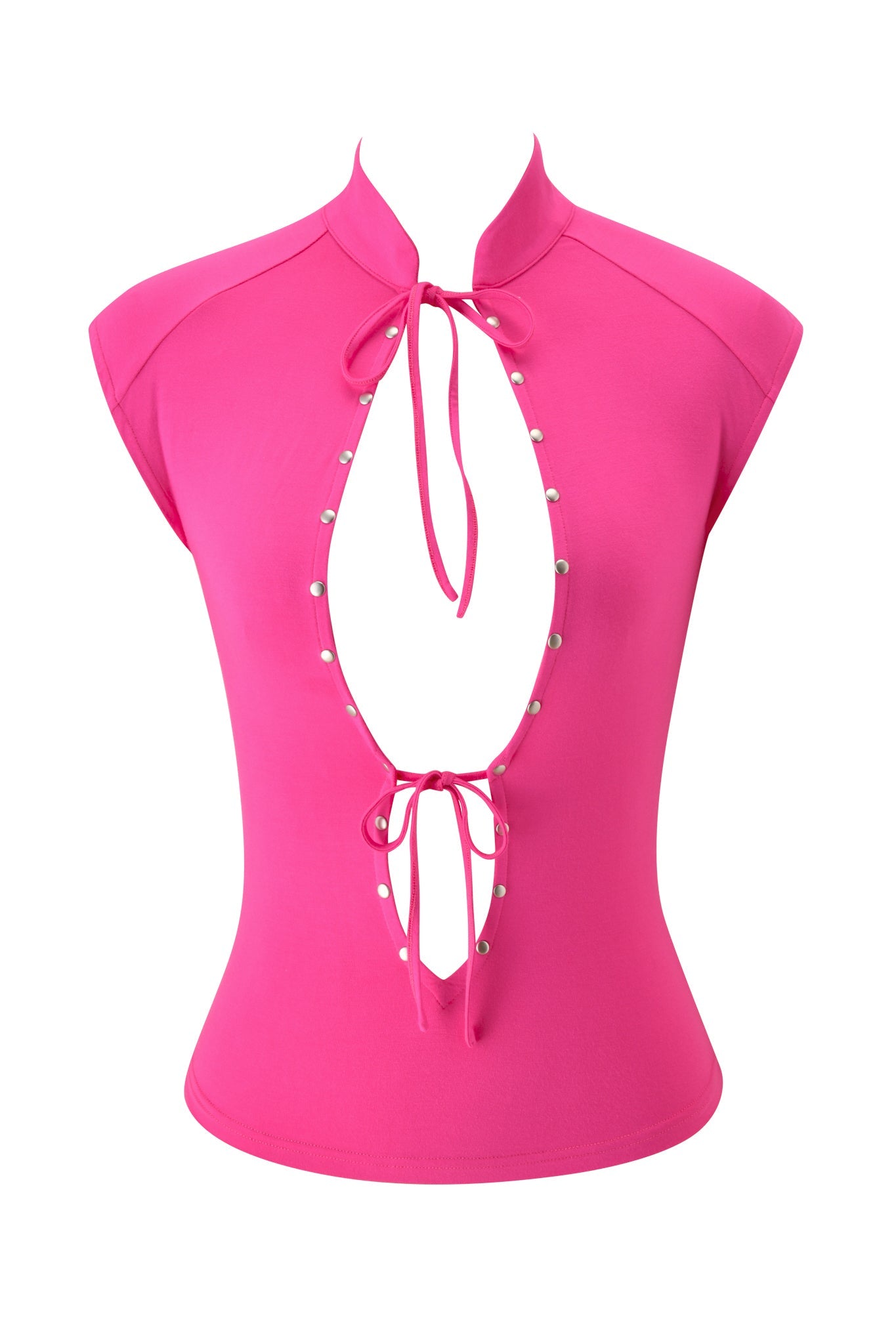 The GEORGIA TOP - NEON PINK by I.AM.GIA features bold cap sleeves, a high collar, open front oval cut-out, tie closures at the neck and chest, and small round buttons lining the opening—making this vibrant hot pink top a striking statement piece for any festival.