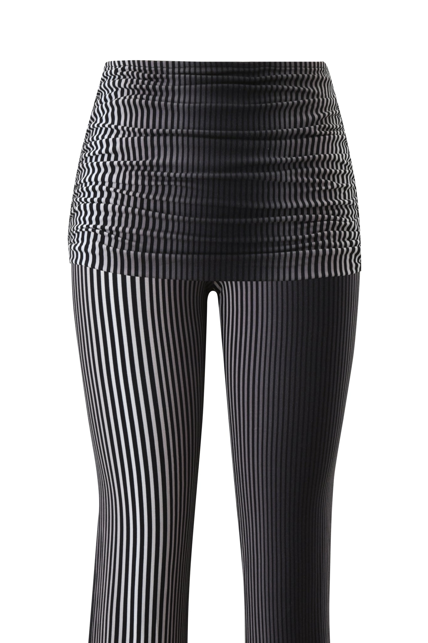 The I.AM.GIA TRINITY 2-IN-1 SKIRT PANT - STRIPE features black and white vertical stripes, a high-waisted fit, and a ruched waistband, crafted from bamboo viscose jersey and shown on a plain white background.