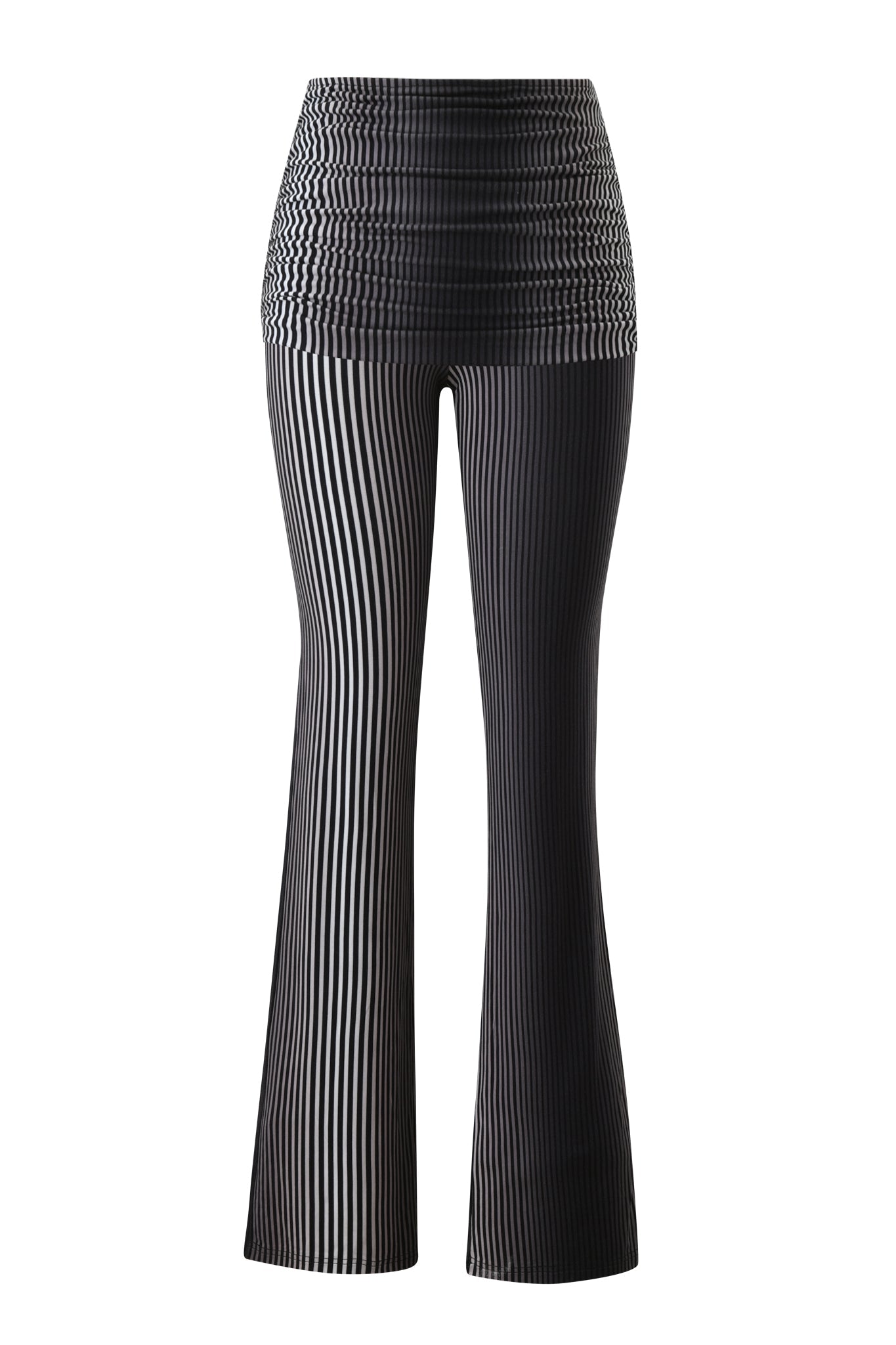 The TRINITY 2-IN-1 SKIRT PANT - STRIPE by I.AM.GIA features a high-waisted black and white ombre stripe design, fitted at the waist and hips with a gradual flare and horizontal stripes on the waistband for a modern twist.