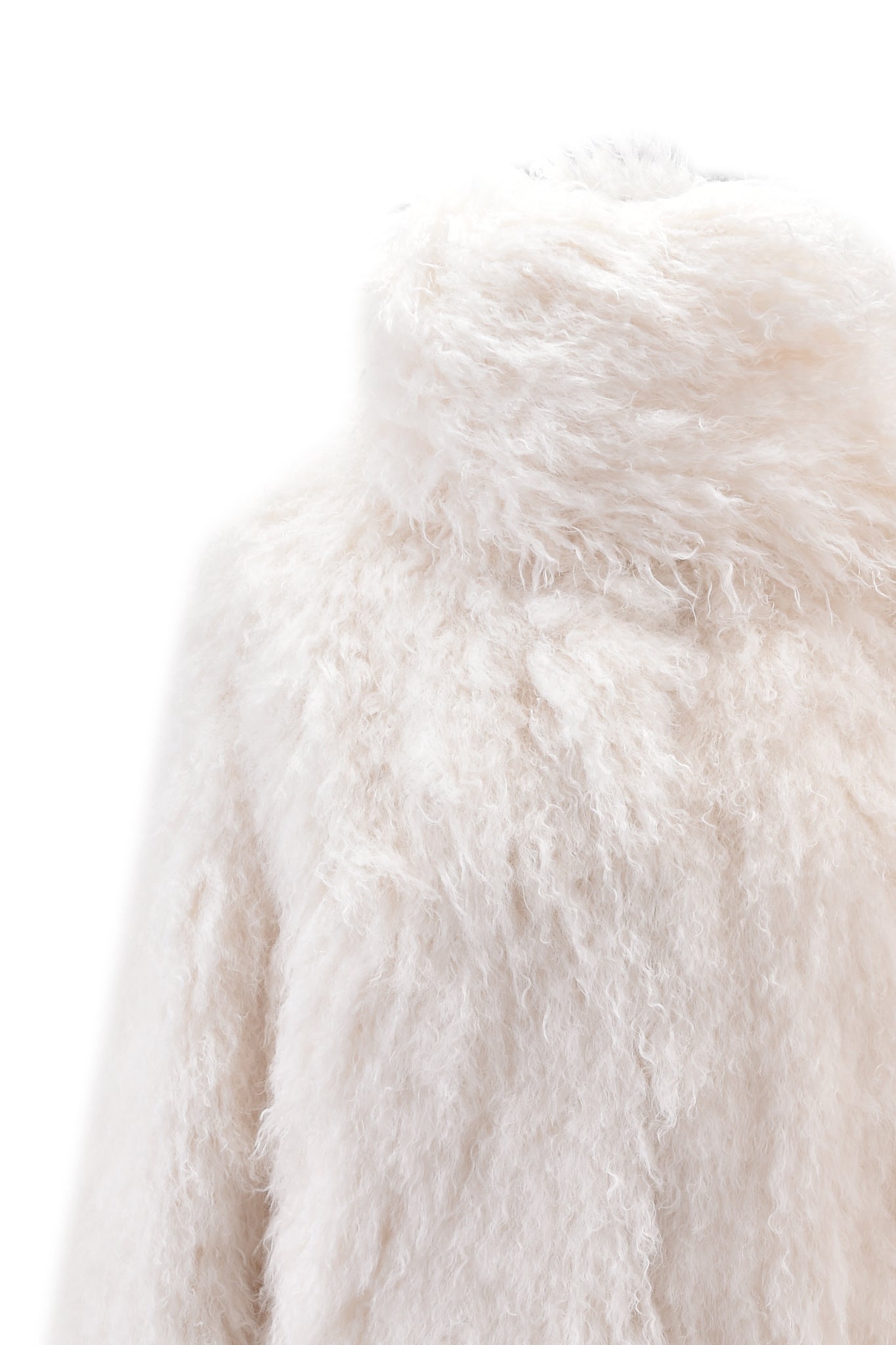 The I.AM.GIA DOVE SCARF FUR COAT in cream is a hip-length faux fur coat with a high, thick collar and a plush, fluffy texture for a cozy, stylish look, shown in close-up against a plain white background.