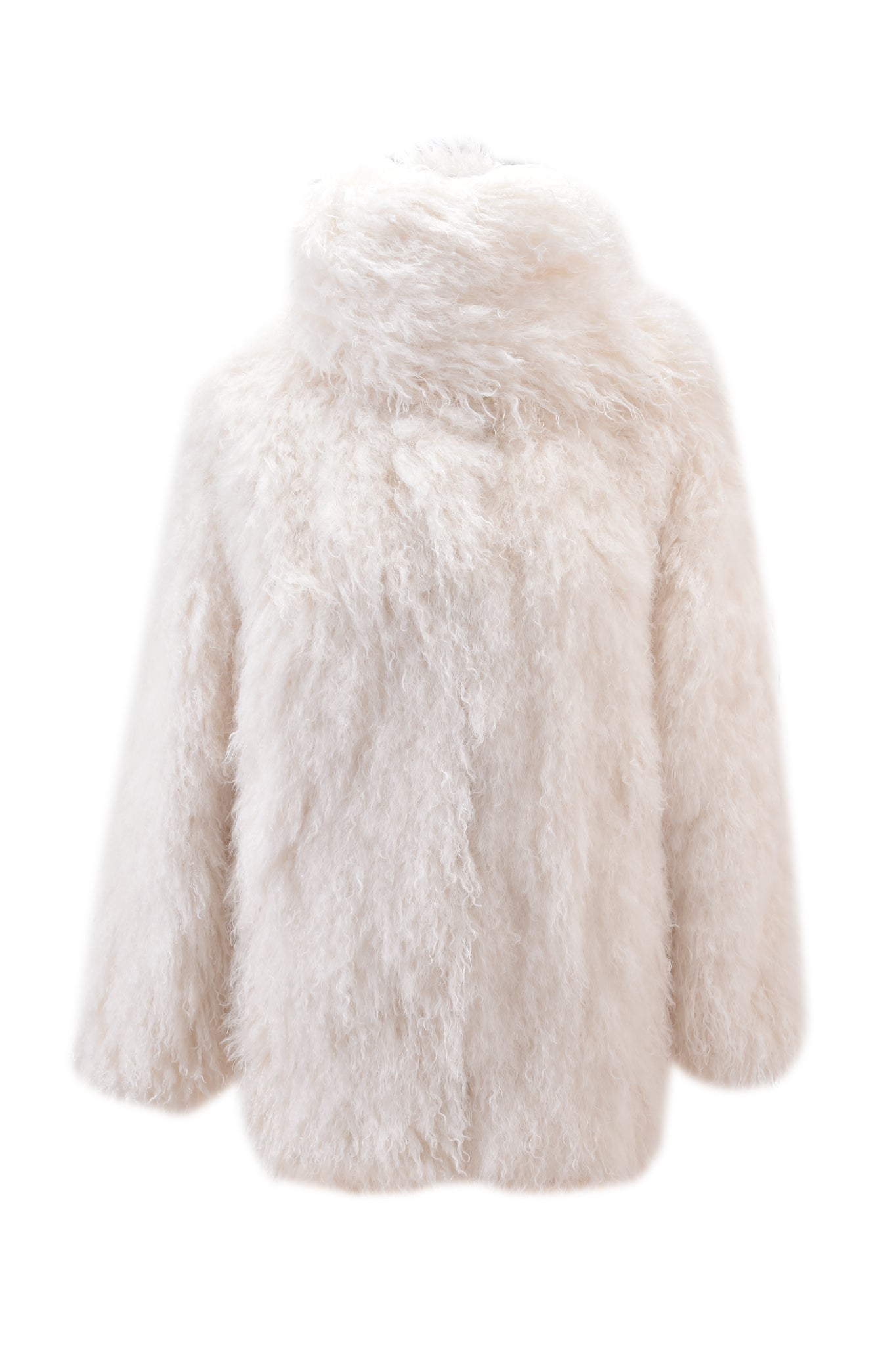 The DOVE SCARF FUR COAT - CREAM by I.AM.GIA is an ivory faux fur, oversized coat with a high collar, long sleeves, and hip-length cut, showcased against a plain white background.