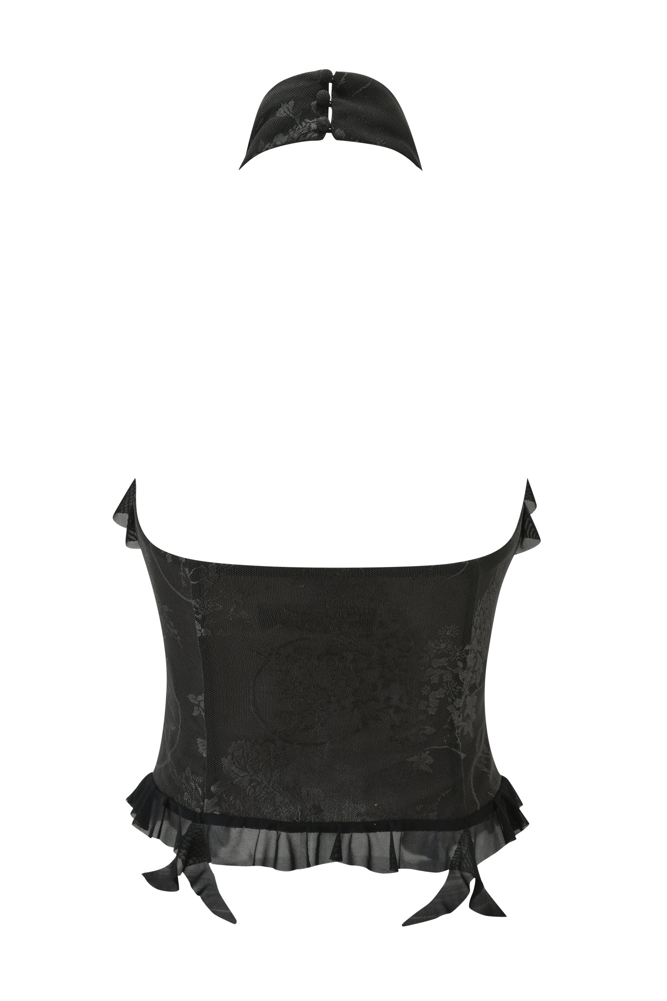 The ISOLAE TOP - BLACK by I.AM.GIA is a black lace corset top featuring jacquard mesh, floral patterns, a halter neck strap, ruffled hem, and ribbon side details, shown on a white background.