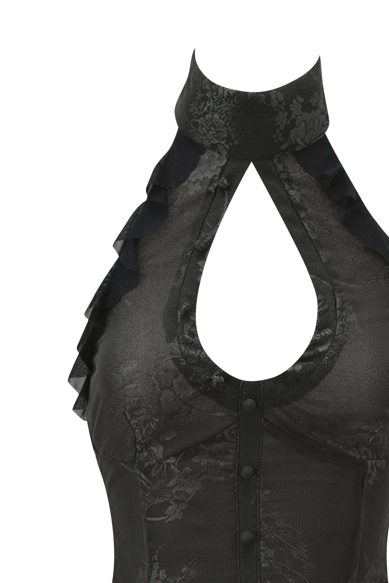 A close-up of the ISOLAE TOP - BLACK by I.AM.GIA, showcasing a high collar, keyhole chest cutout, ruffled shoulders, subtle floral pattern, and decorative front buttons.