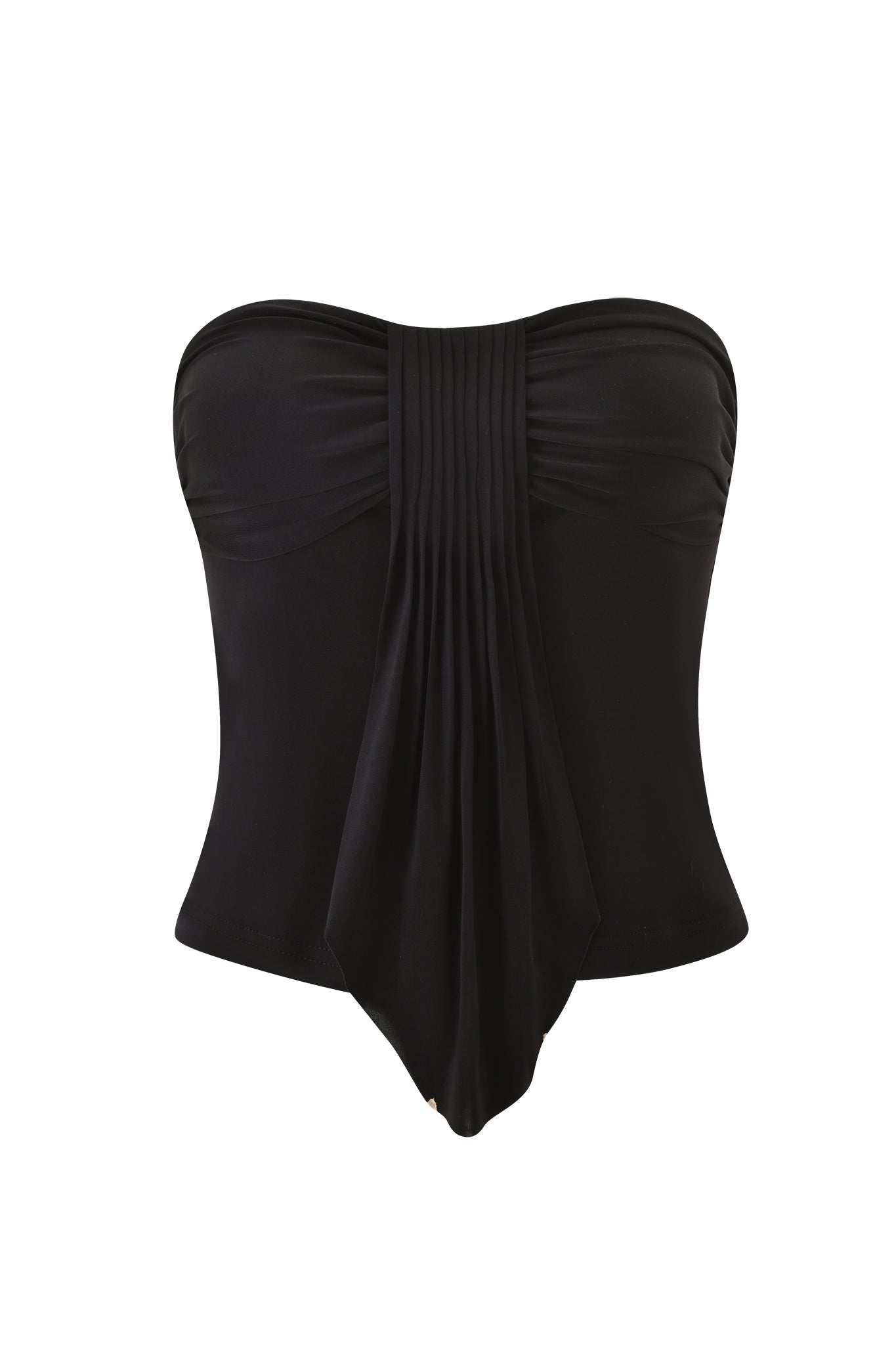 The ELYSIA BOOB TUBE by I.AM.GIA is a strapless black one-piece swimsuit in slinky knit with a gathered bust and long draped front. It offers a smooth, bodycon fit without visible straps or embellishments.