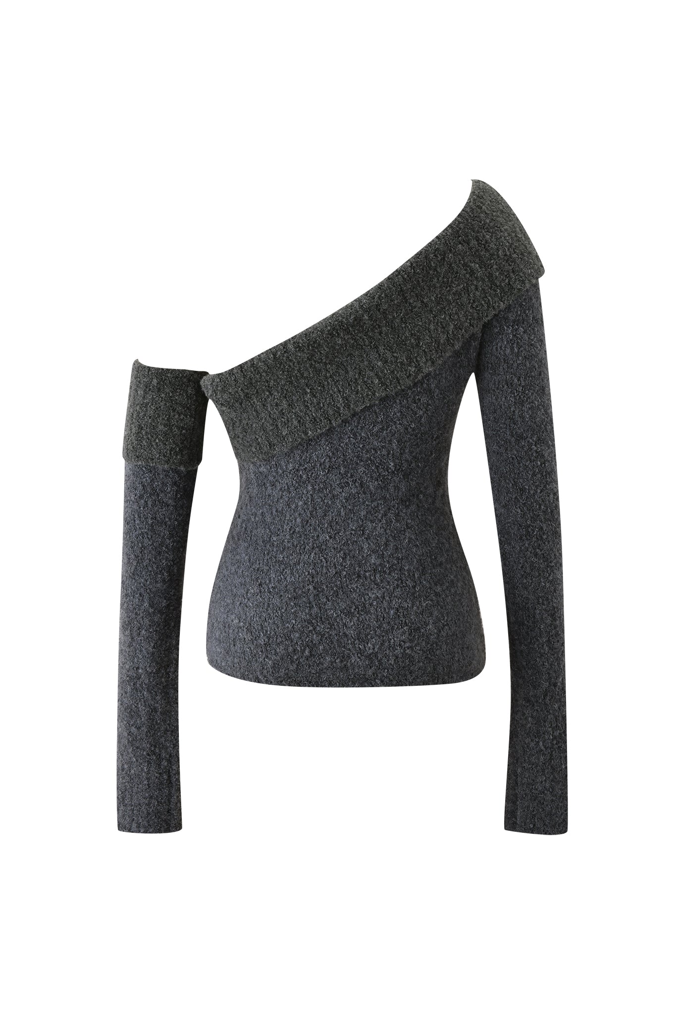 The ARLEN KNIT TOP - STEEL by I.AM.GIA features an asymmetrical, off-shoulder neckline and ribbed knit details on the collar and left sleeve, giving this gray top a modern, chic update.