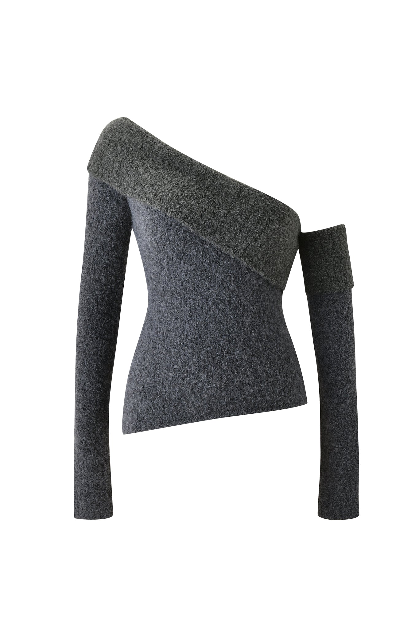 The ARLEN KNIT TOP - STEEL by I.AM.GIA is a gray knit top with an asymmetrical, off-shoulder design, featuring one long sleeve and a thick folded collar that exposes one shoulder and part of one arm.