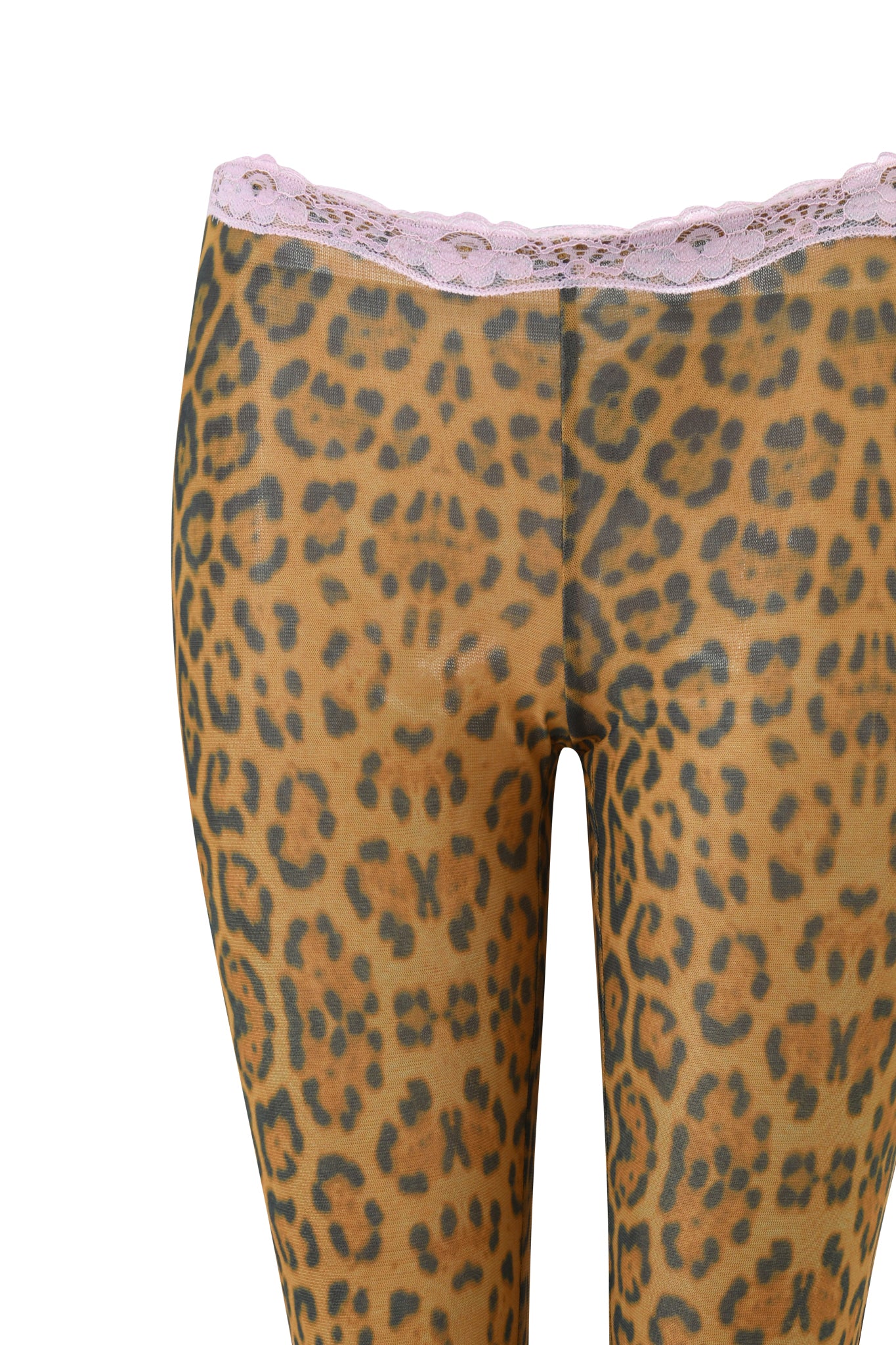 Close-up of legs wearing I.AM.GIA TASHI CAPRI - PANTHERA: cheetah print mesh capri pants with a pastel pink lace waistband, isolated on white.