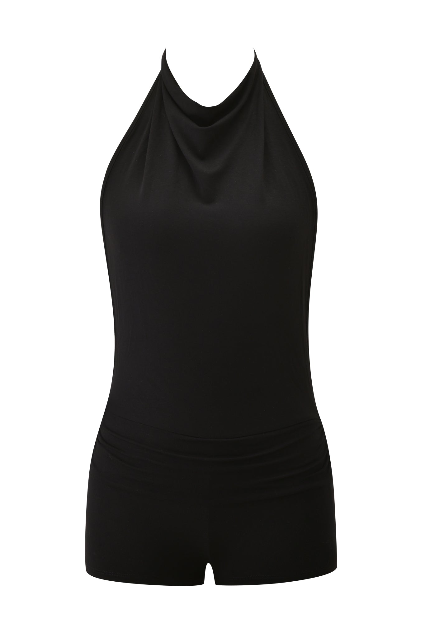 The KAIRA PLAYSUIT - BLACK by I.AM.GIA is a sleeveless halter neck playsuit featuring a draped neckline and fitted mini shorts, crafted from soft bamboo viscose jersey, shown against a plain white background.