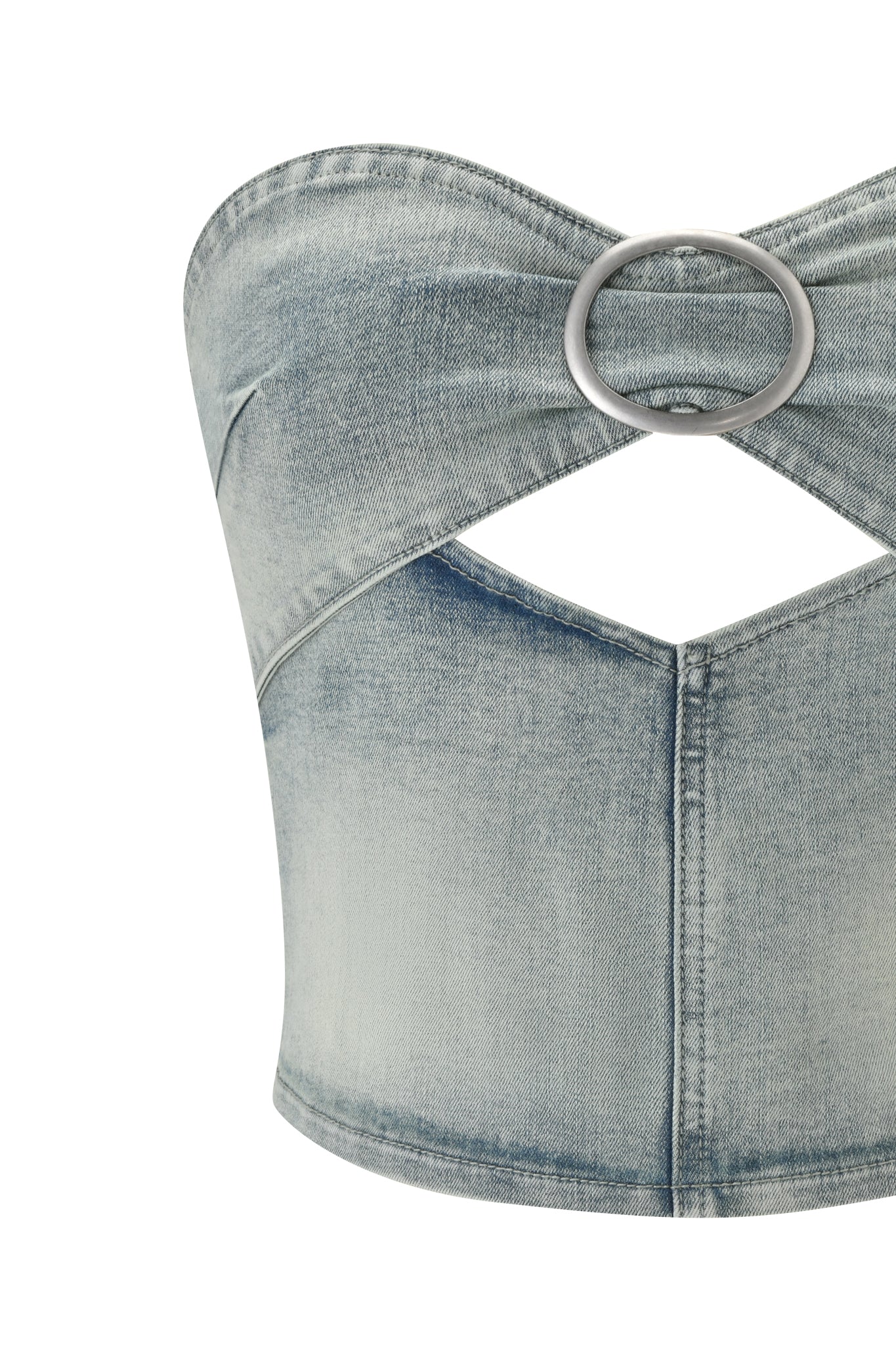 The I.AM.GIA JENN DENIM BOOB TUBE - BLUE is a light-wash, stretch denim strapless crop top with a silver circular front buckle and bust cut-out, featuring a faded, worn-in look for effortless style.