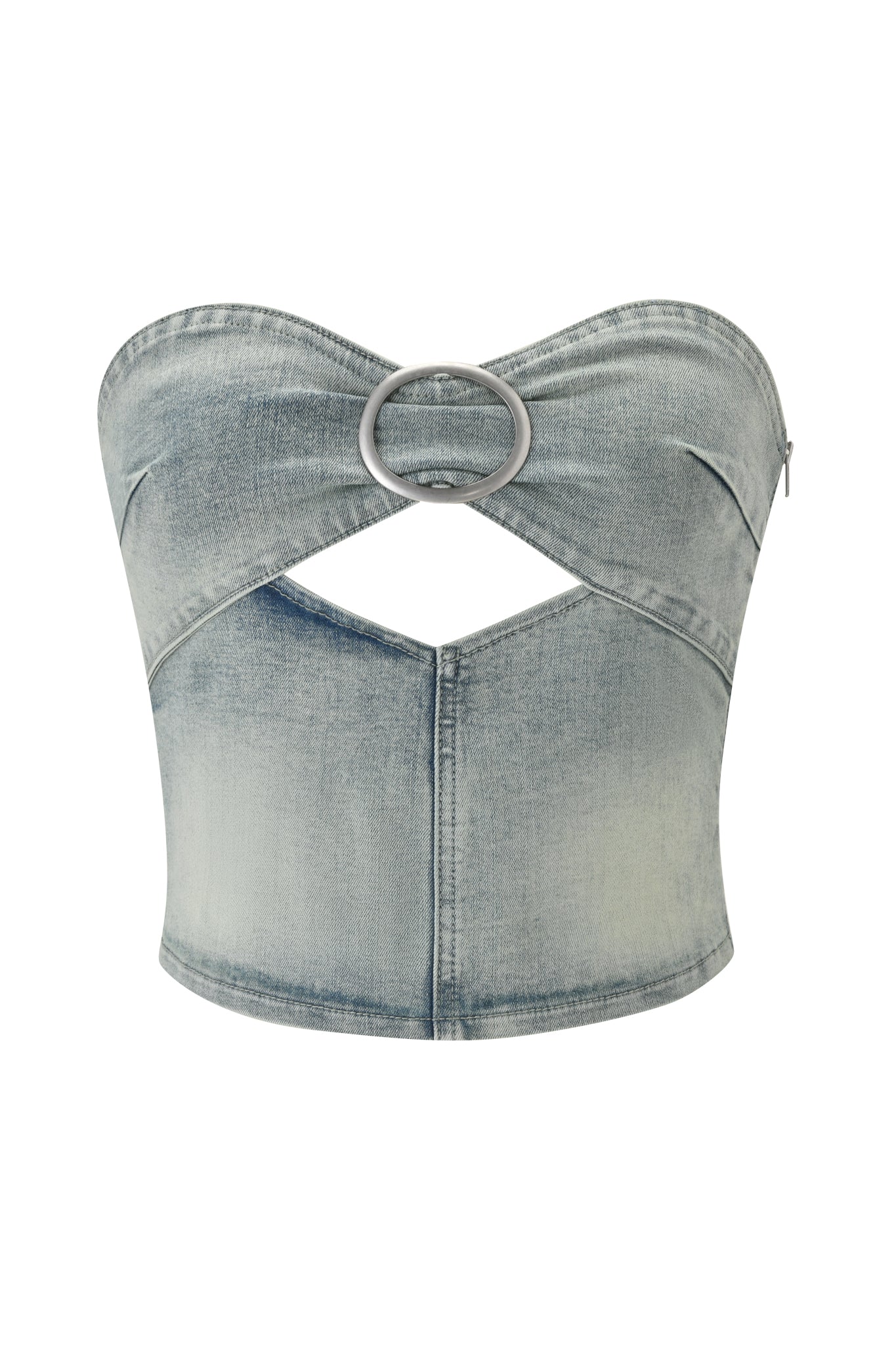 The JENN DENIM BOOB TUBE by I.AM.GIA is a strapless, light wash denim tube top featuring a faded finish, front keyhole cutout, and silver ring detail at the center bust for a flattering fit.