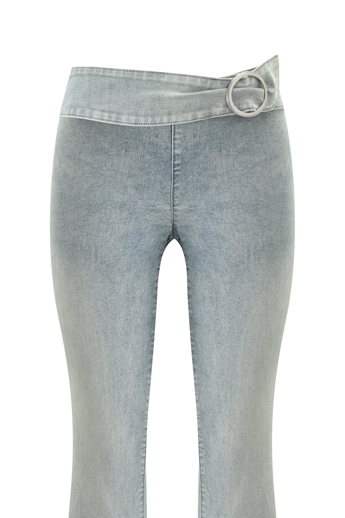 The JENN JEAN - BLUE by I.AM.GIA features light-wash denim with a mid-rise fit and an asymmetric waistband, detailed with a striking large silver circular buckle on the right side.