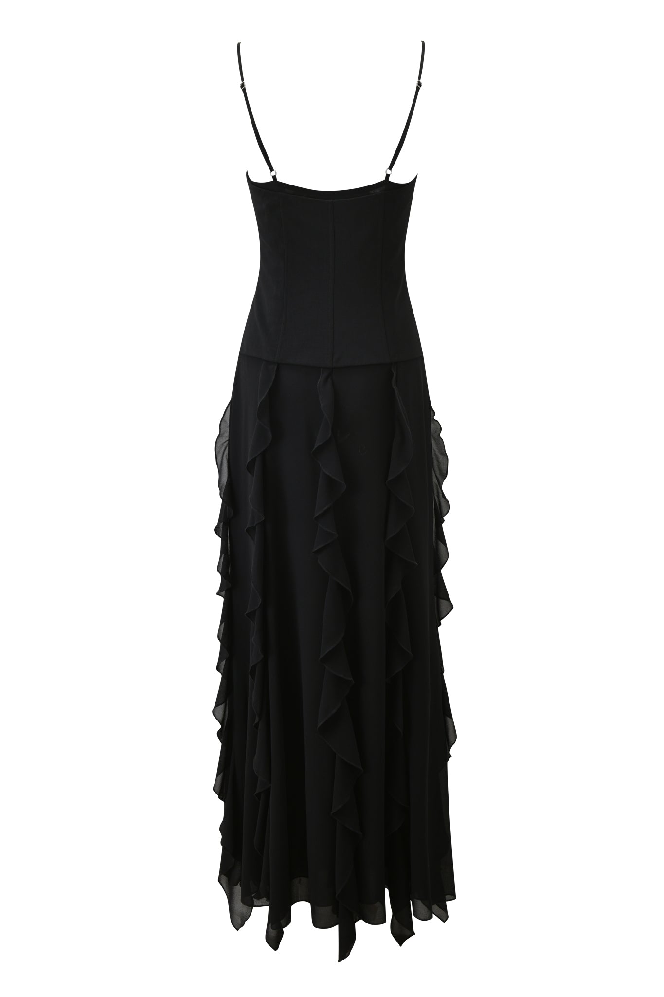 The I.AM.GIA MARLETTE 2.0 Maxi Dress in black features thin spaghetti straps, a fitted bodice, and a flowing skirt with cascading side ruffle details, elegantly photographed against a white background.