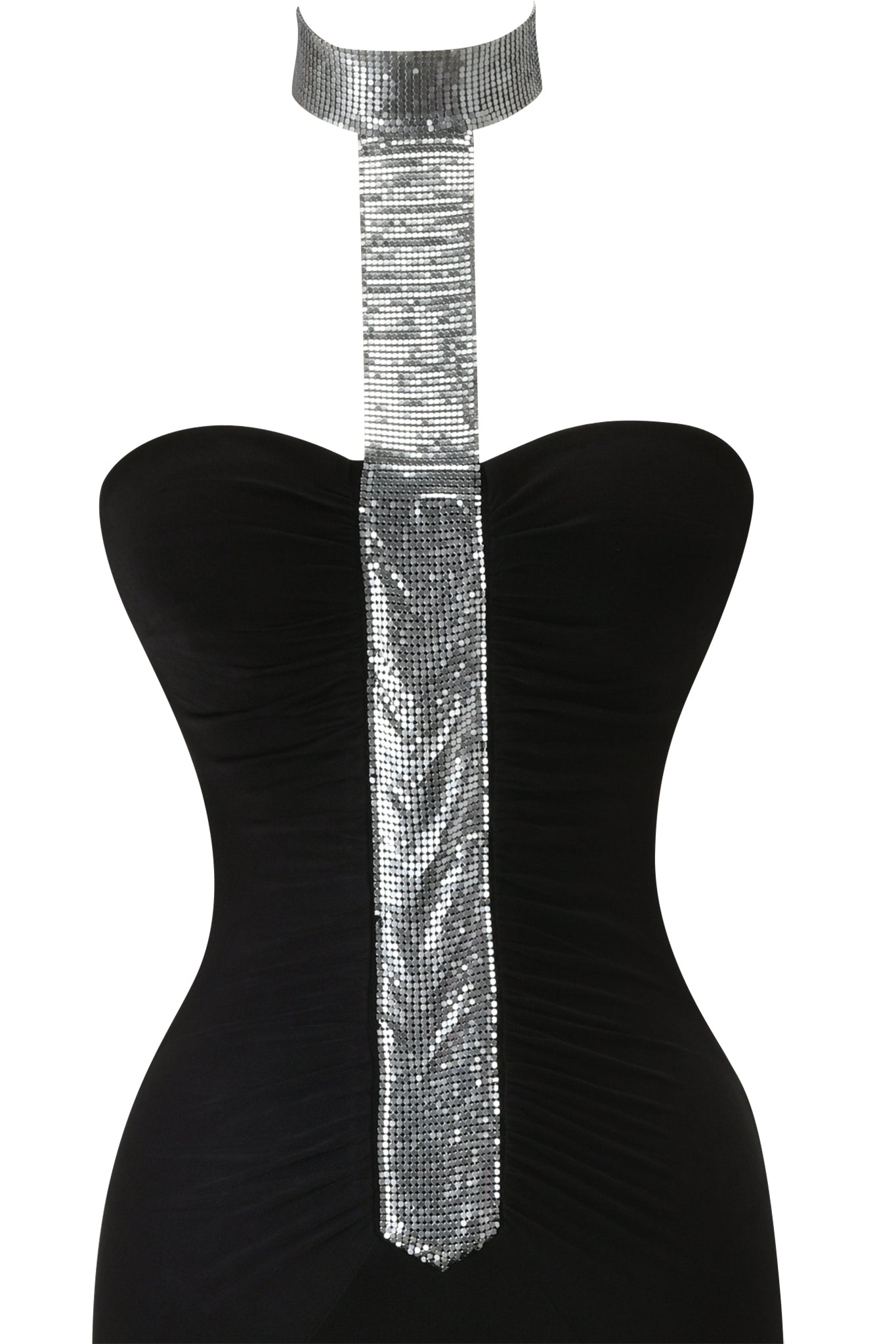 The BROOKE MAXI DRESS - BLACK by I.AM.GIA is a strapless, fitted mermaid maxi with a wide metallic silver sequin choker and a matching long vertical sequin strip down the front.