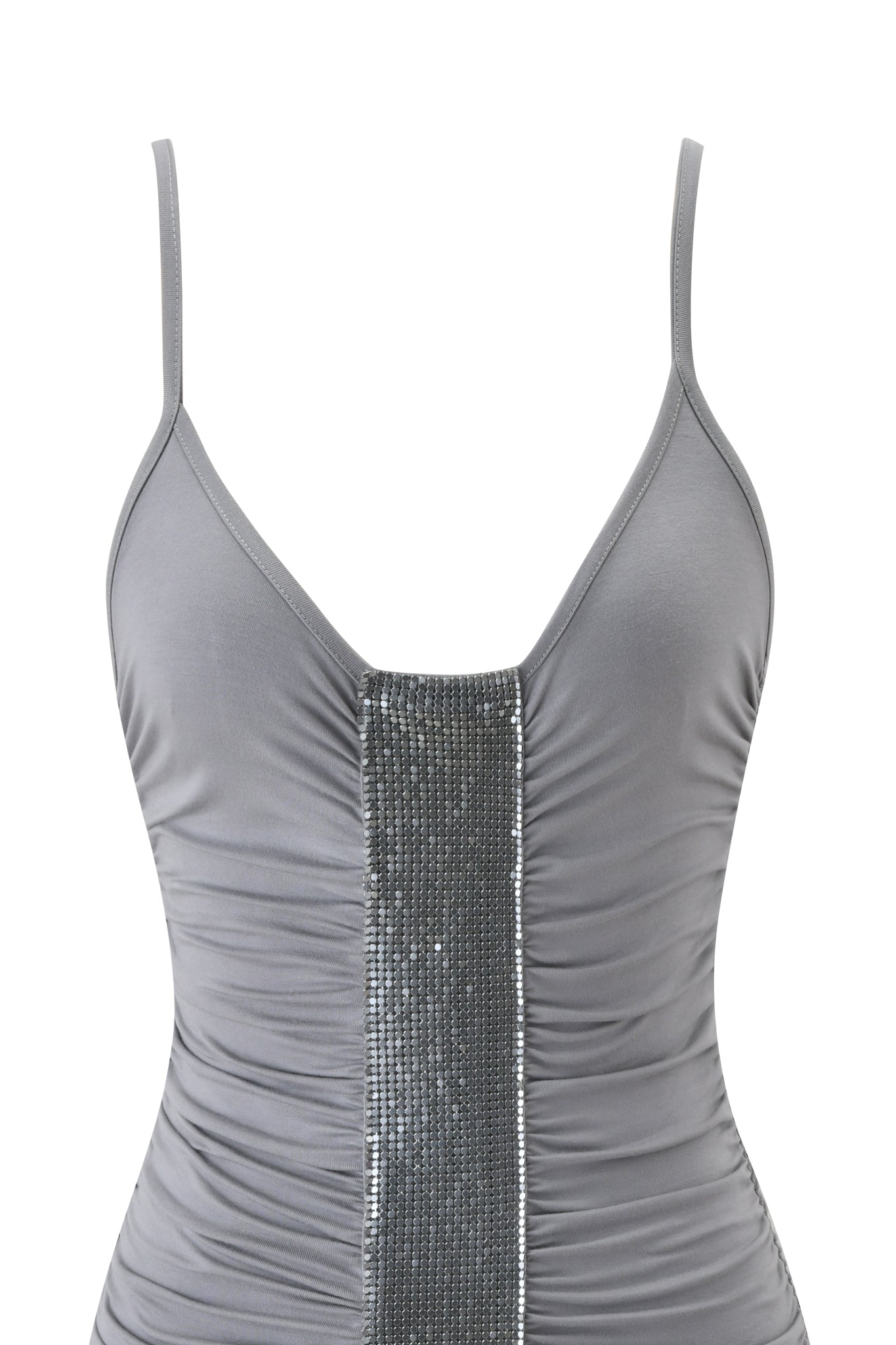 A close-up of the I.AM.GIA GIULIANA MINI DRESS in Slate, featuring thin straps, a bodycon ruched fit, and a vertical panel of shimmering silver sequins down the front.
