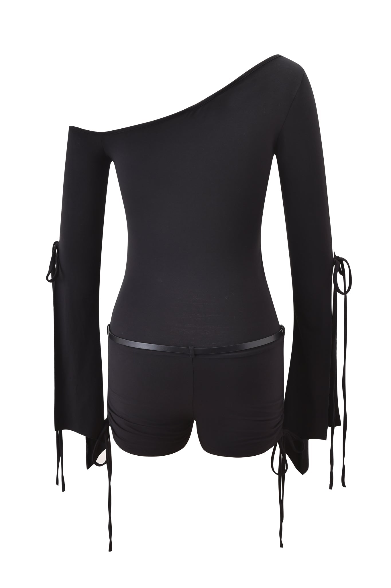 The SAPHY PLAYSUIT - BLACK by I.AM.GIA features an off shoulder design, long sleeves with drawstring details, and fitted bodycon shorts. Shown on a white background.