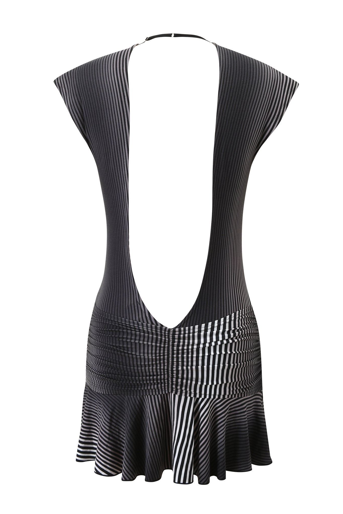 The MARGEAUX MINI DRESS - STRIPE by I.AM.GIA features bold black and white stripes, a plunging neckline, deep open back, fitted waist, and flared hem—offering a dynamic modern look that’s sure to turn heads.