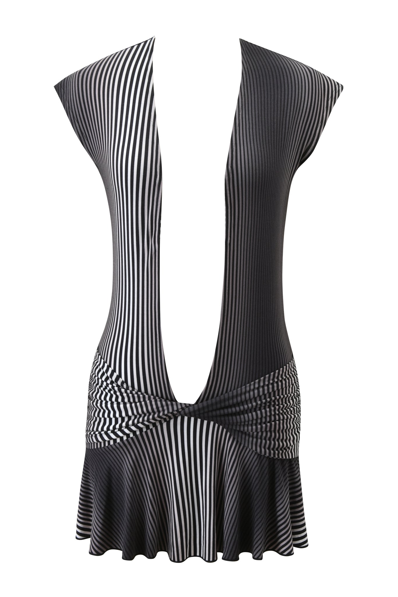 The MARGEAUX MINI DRESS - STRIPE by I.AM.GIA is a sleeveless mini dress with black and white vertical stripes, a plunging neckline, fitted twisted waist, and flared ruffled hem. The mannequin is cropped above the neckline.