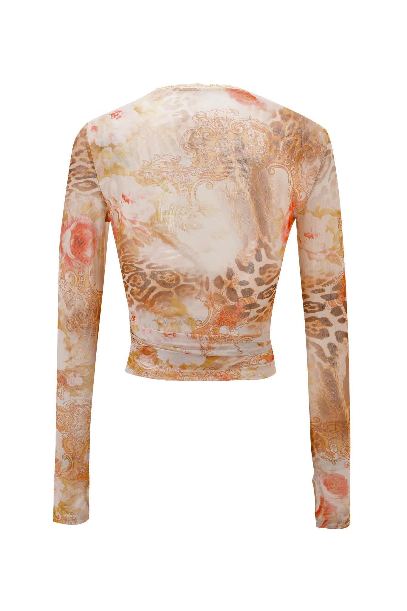 The ERISKA TOP - DESERT ROSE by I.AM.GIA is a sheer long-sleeve mesh wrap top with a floral animal print in beige, brown, pink, and yellow, shown from the back.