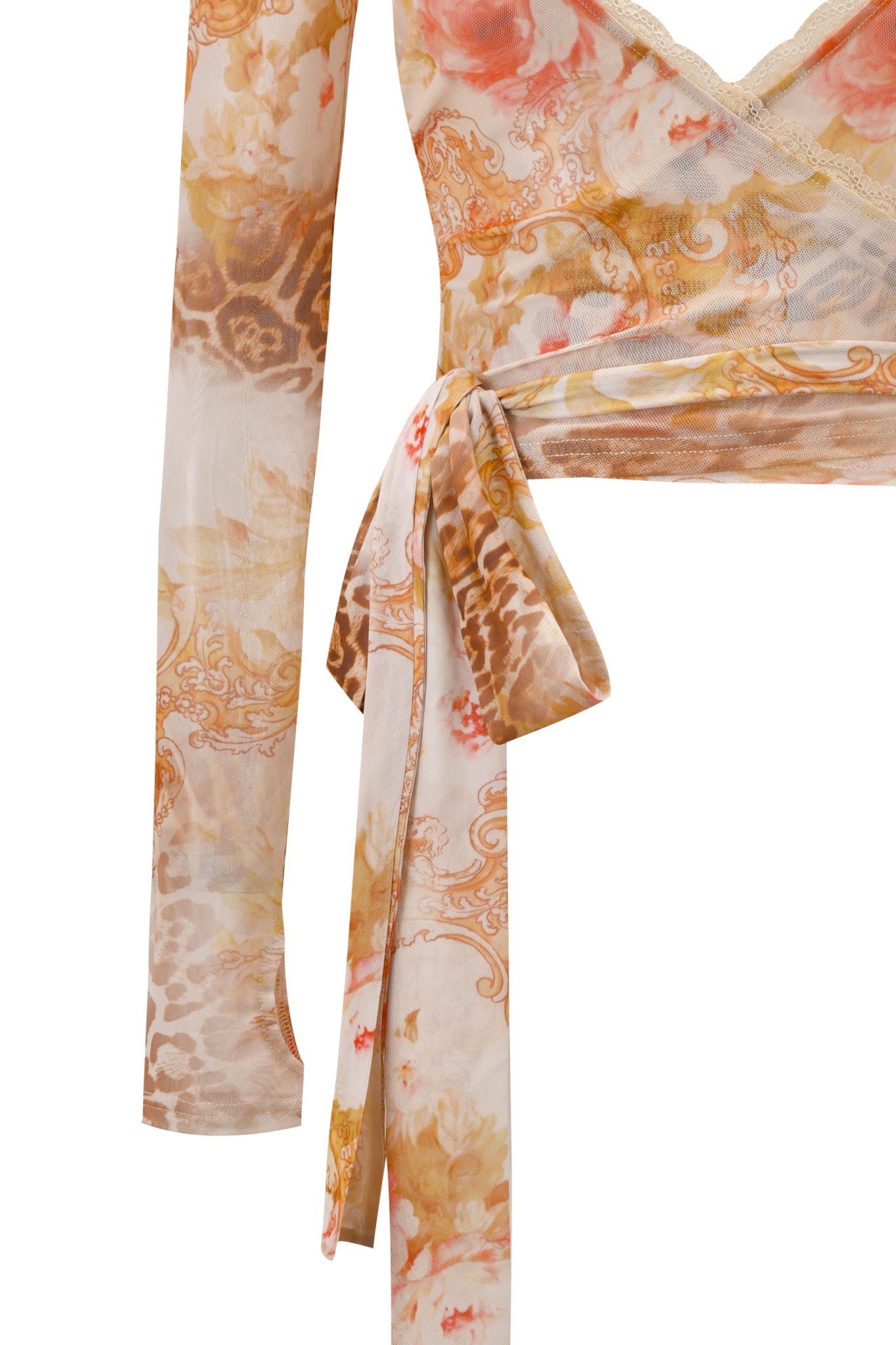 Close-up of the ERISKA TOP - DESERT ROSE by I.AM.GIA, a long-sleeve mesh wrap top with a waist tie, delicate peach-beige-brown floral animal print, and elegant scalloped lace trim.