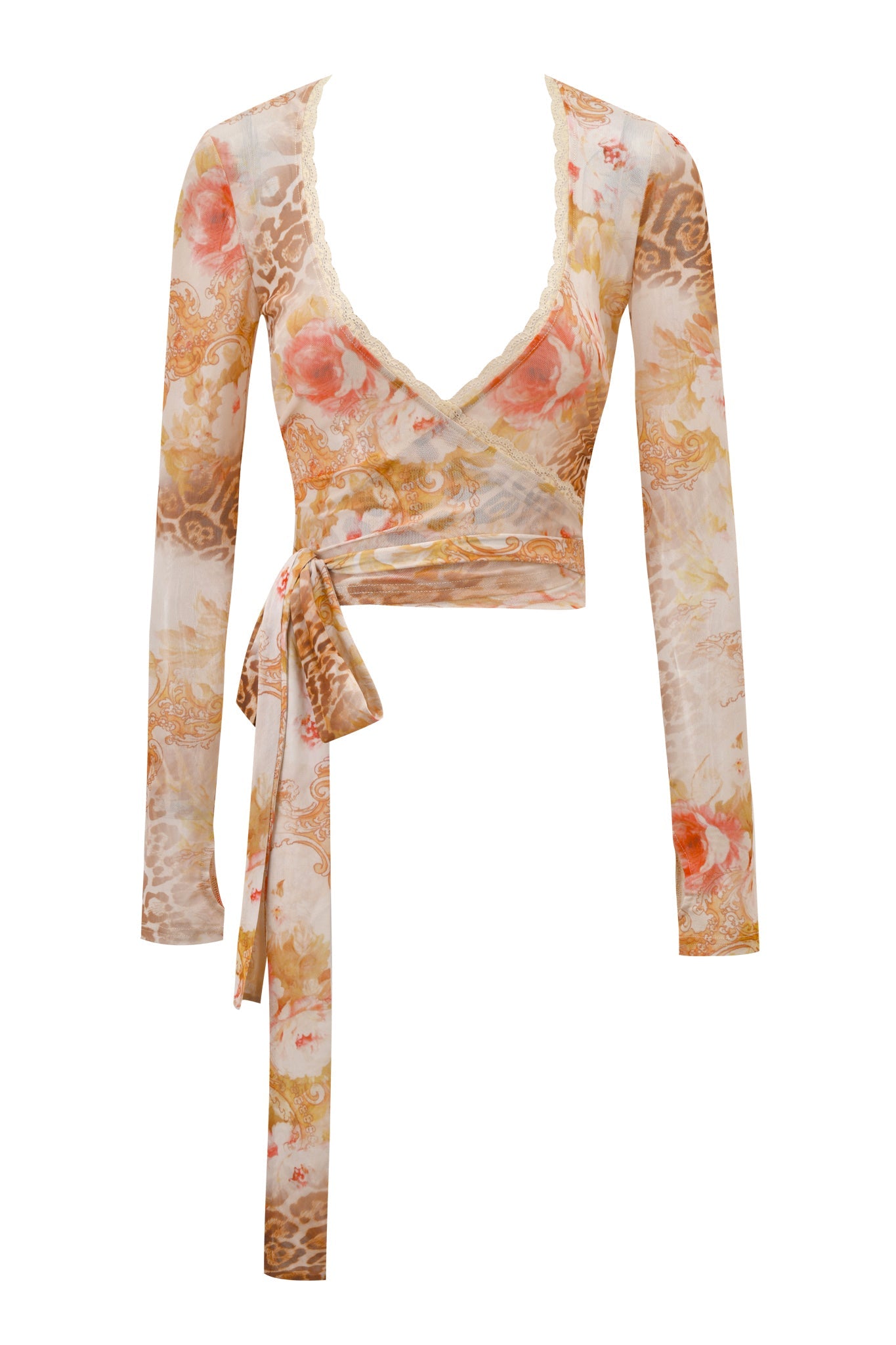 The ERISKA TOP - DESERT ROSE by I.AM.GIA is a long-sleeve mesh wrap top with a deep V-neckline, waist tie, and a sheer floral animal print in warm peach, beige, and gold tones.