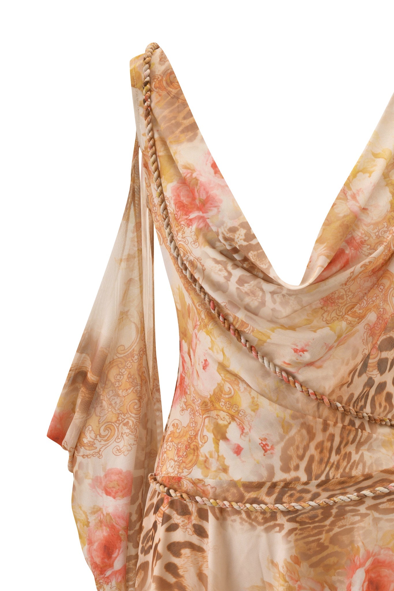 Close-up of the I.AM.GIA ERISKA MINI DRESS - DESERT ROSE, a mesh mini dress with a cowl neckline, sheer floral animal print in beige, brown, pink, and orange, and draped detailing with twisted trim for a striking look.