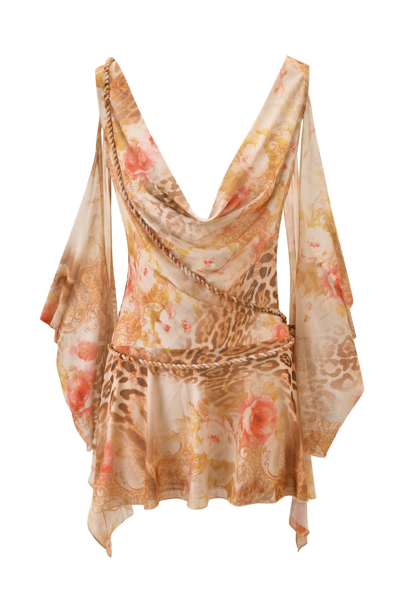 The I.AM.GIA ERISKA MINI DRESS - DESERT ROSE features a silky draped cowl neckline, off-the-shoulder sleeves, and an asymmetrical hem in a bold floral animal print with warm beige, gold, and peach tones.