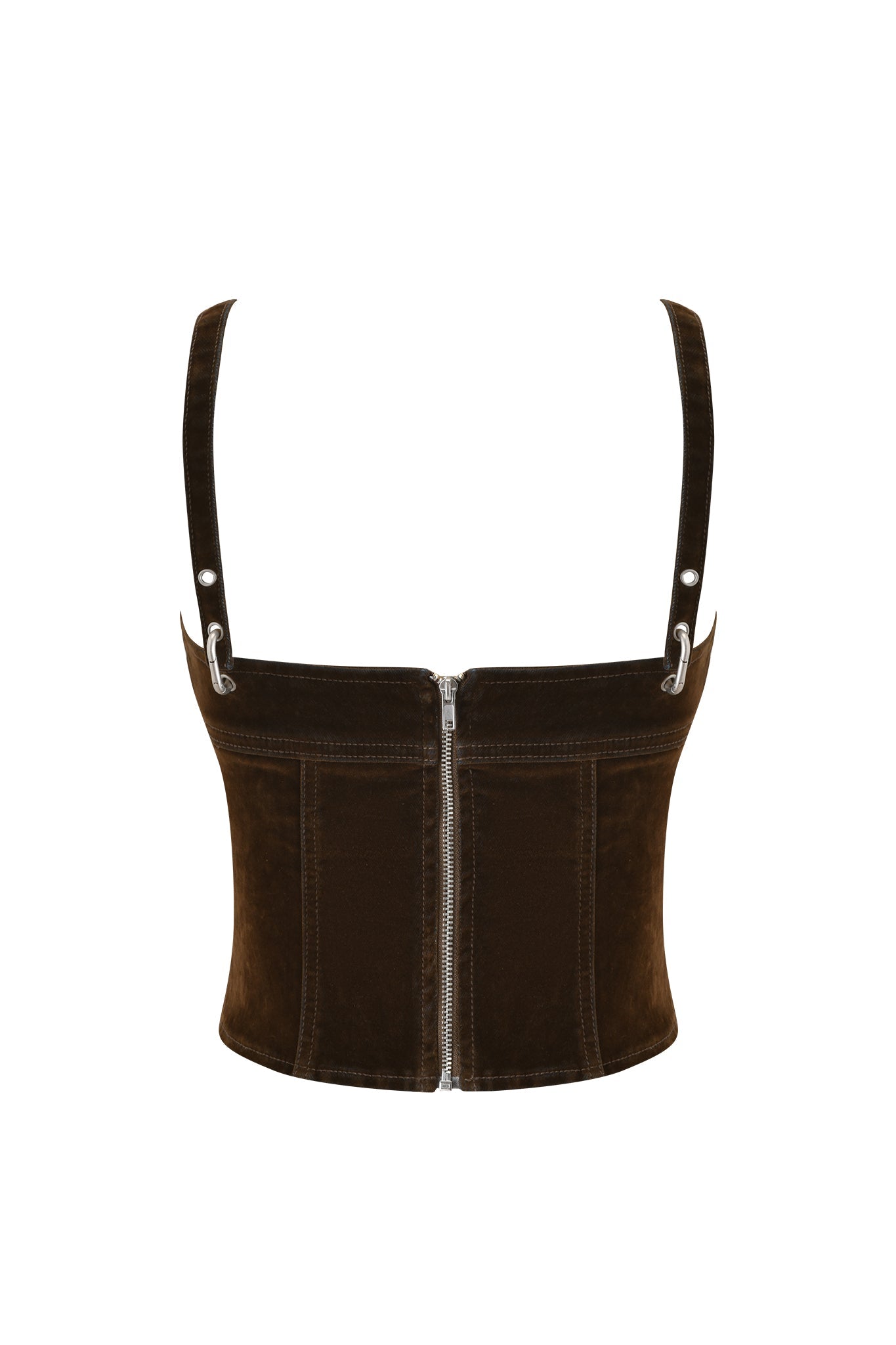 The VIVAINE DENIM CORSET TOP - NEUTRAL by I.AM.GIA features adjustable shoulder straps, a visible silver zipper down the back, and a subtle vintage brushed finish.