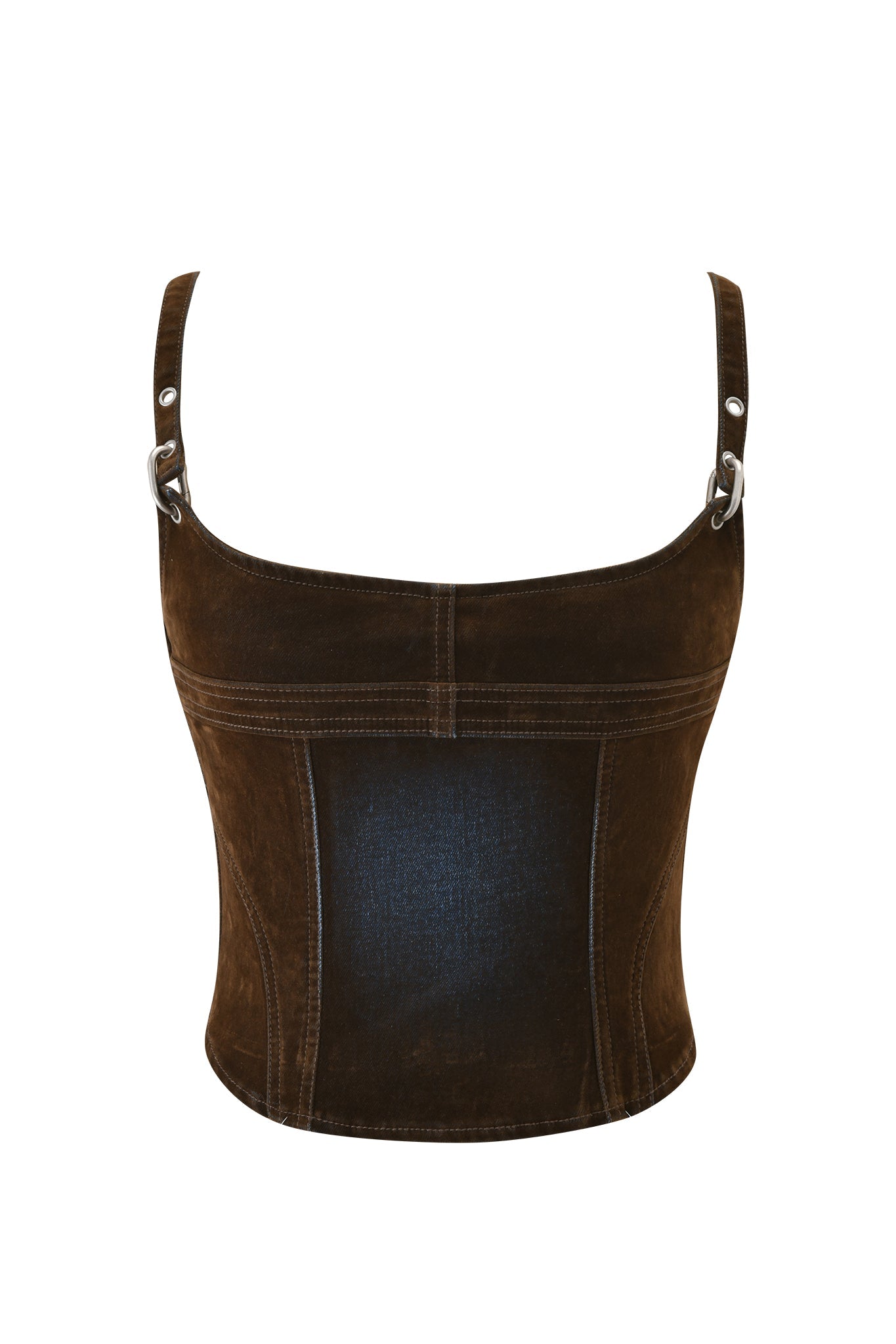 The VIVAINE DENIM CORSET TOP by I.AM.GIA is a neutral, fitted sueded denim crop top with thick straps, silver buckle details, visible seams, and a structured vintage look, shown against a white background.