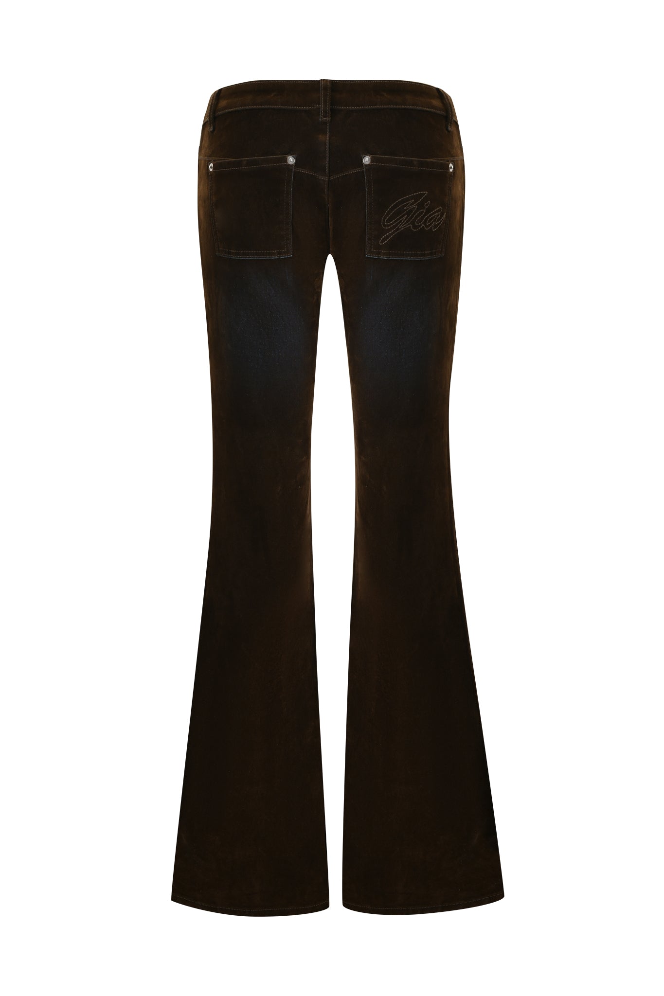 Back view of the I.AM.GIA VIVAINE DENIM PANT - NEUTRAL, featuring two rear pockets with subtle stitching and an embroidered design on the right pocket for a unique flair.