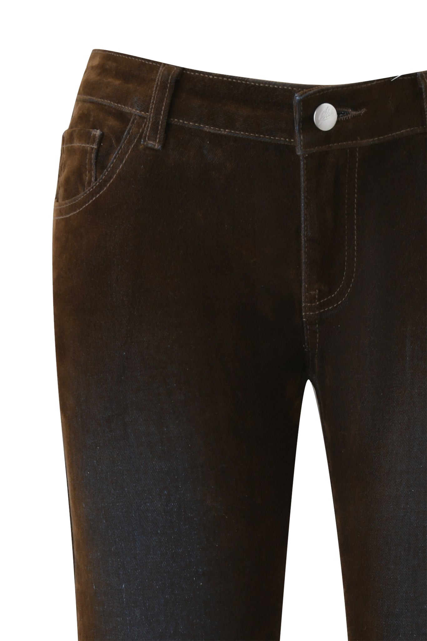 Close-up of the upper portion of the I.AM.GIA VIVAINE DENIM PANT - NEUTRAL, highlighting the waistband, front button, zipper, and pockets against a white background.