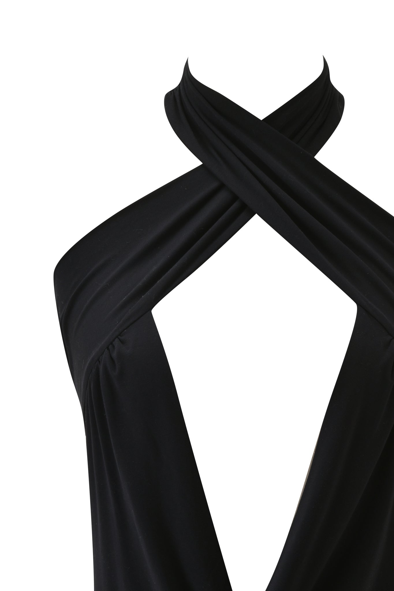 A close-up of the I.AM.GIA SERREN TOP - BLACK featuring a plunging halter neckline, deep V-shaped front cutout, fitted waist panel, and smooth draping fabric for a stylish, elegant look.