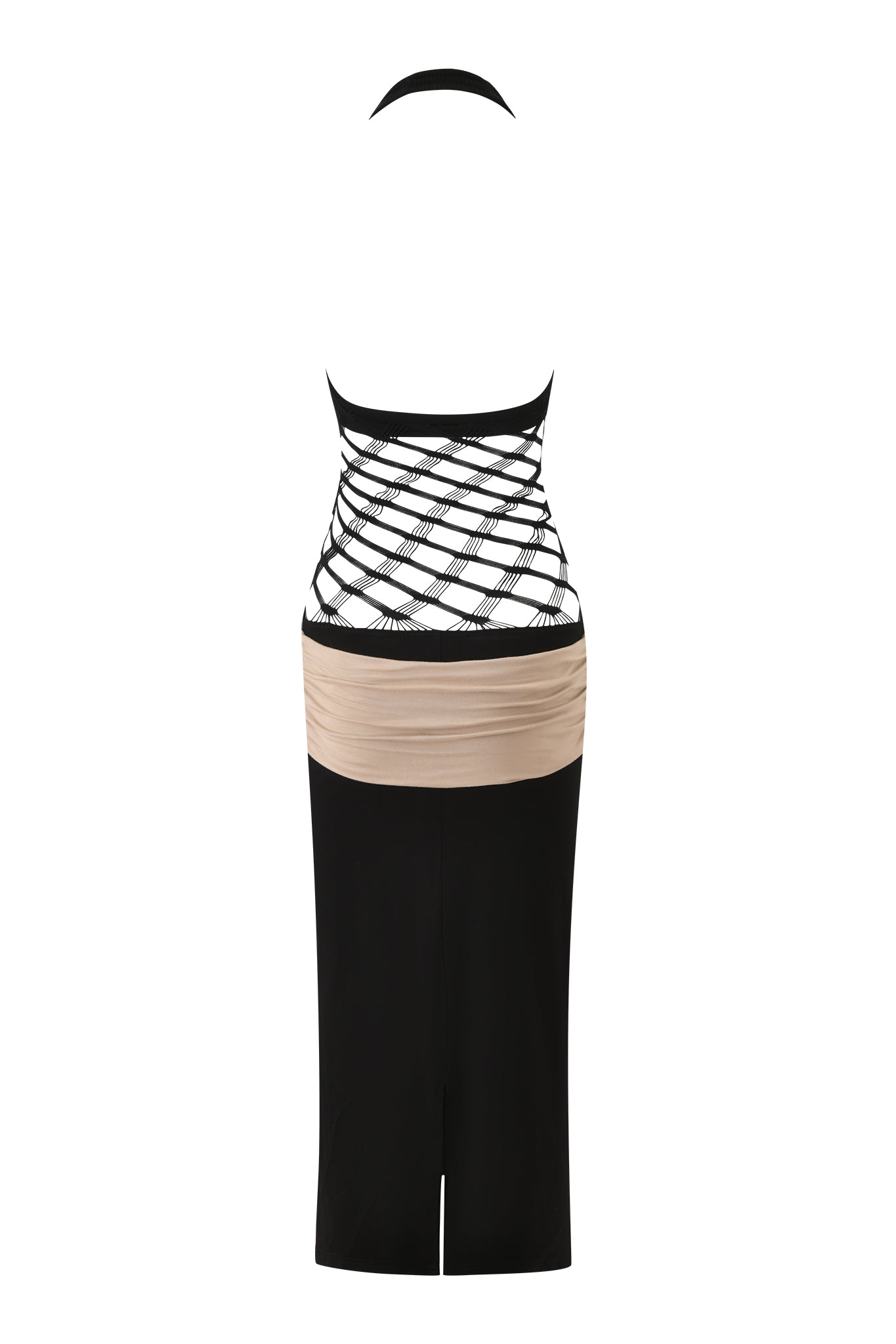 The ZOREEN MIDI DRESS by I.AM.GIA is a black halter midi dress with a fishnet bodice panel, criss-cross back straps, a beige waistband, and a sleek black skirt featuring a center back slit.