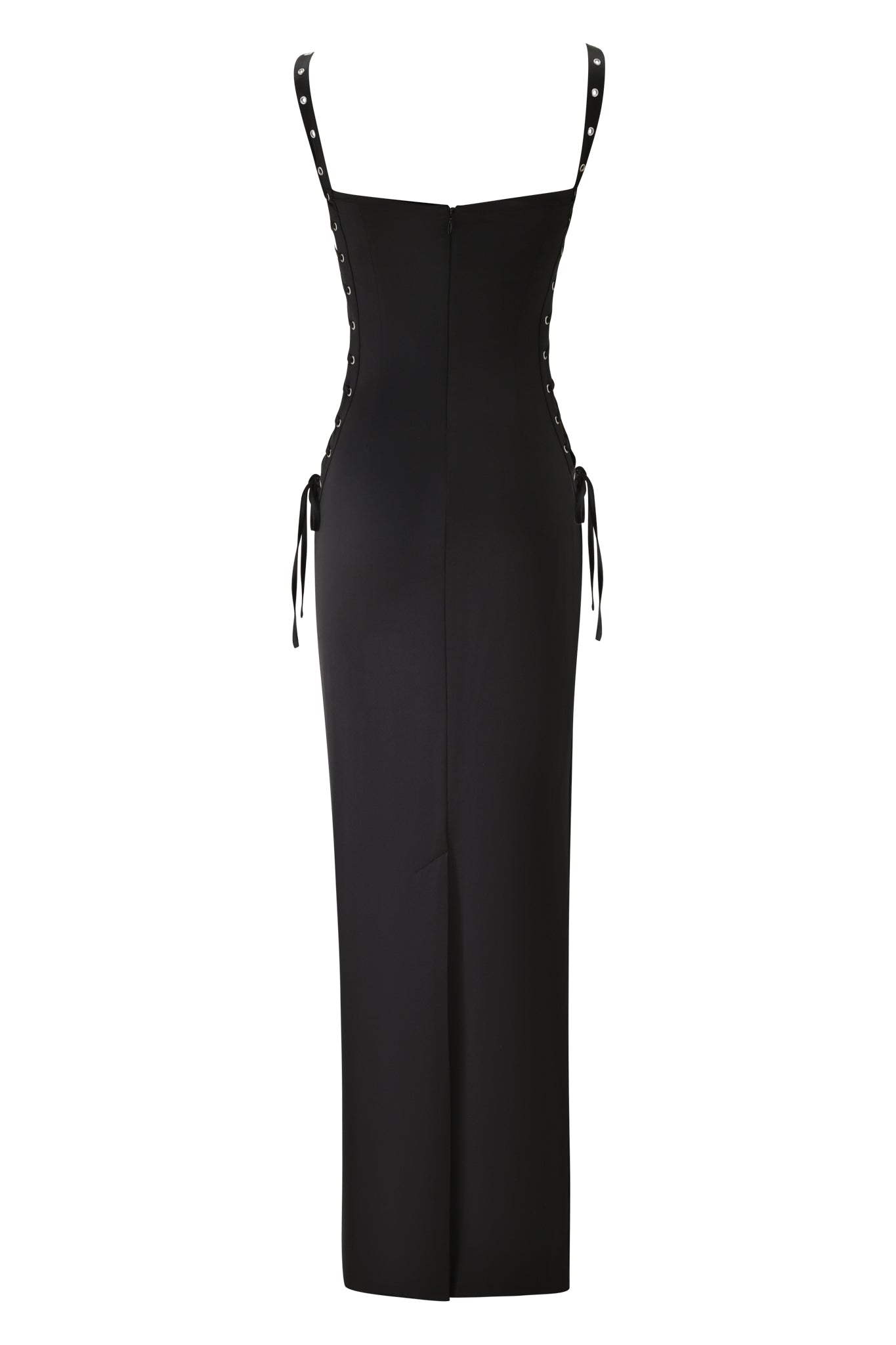 The ASHLEE MAXI DRESS - BLACK by I.AM.GIA is a long satin dress with a center seam, sweetheart neckline, adjustable studded straps, and lace-up side details for a sleek bodycon fit, shown from the back.