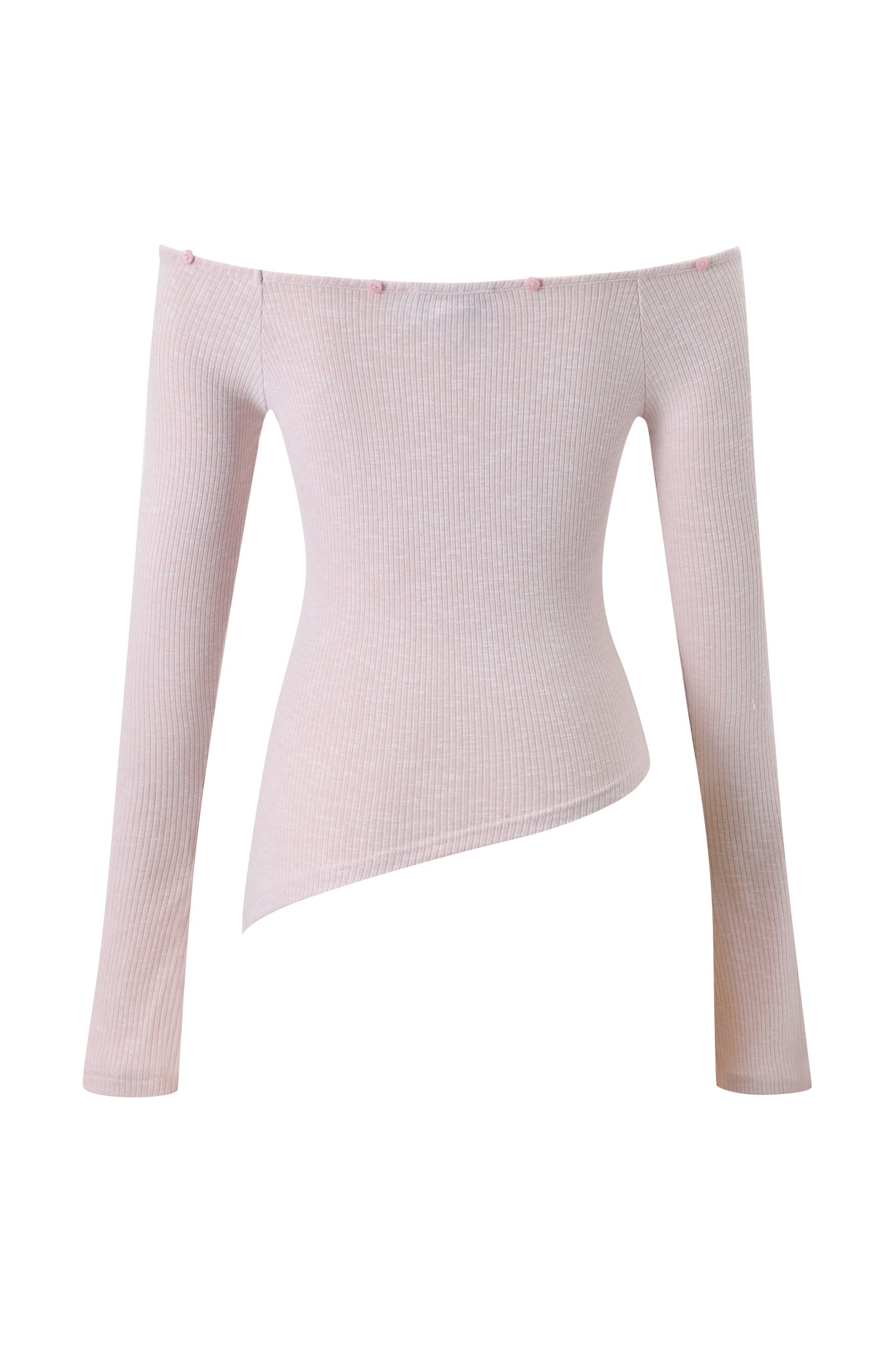 The I.AM.GIA CECILY TOP - PINK is a light pink, ribbed off-shoulder top with long sleeves, an asymmetrical hemline, small pink accents at the neckline, and a fitted stretch fit—perfect for pairing with a removable faux fur collar.